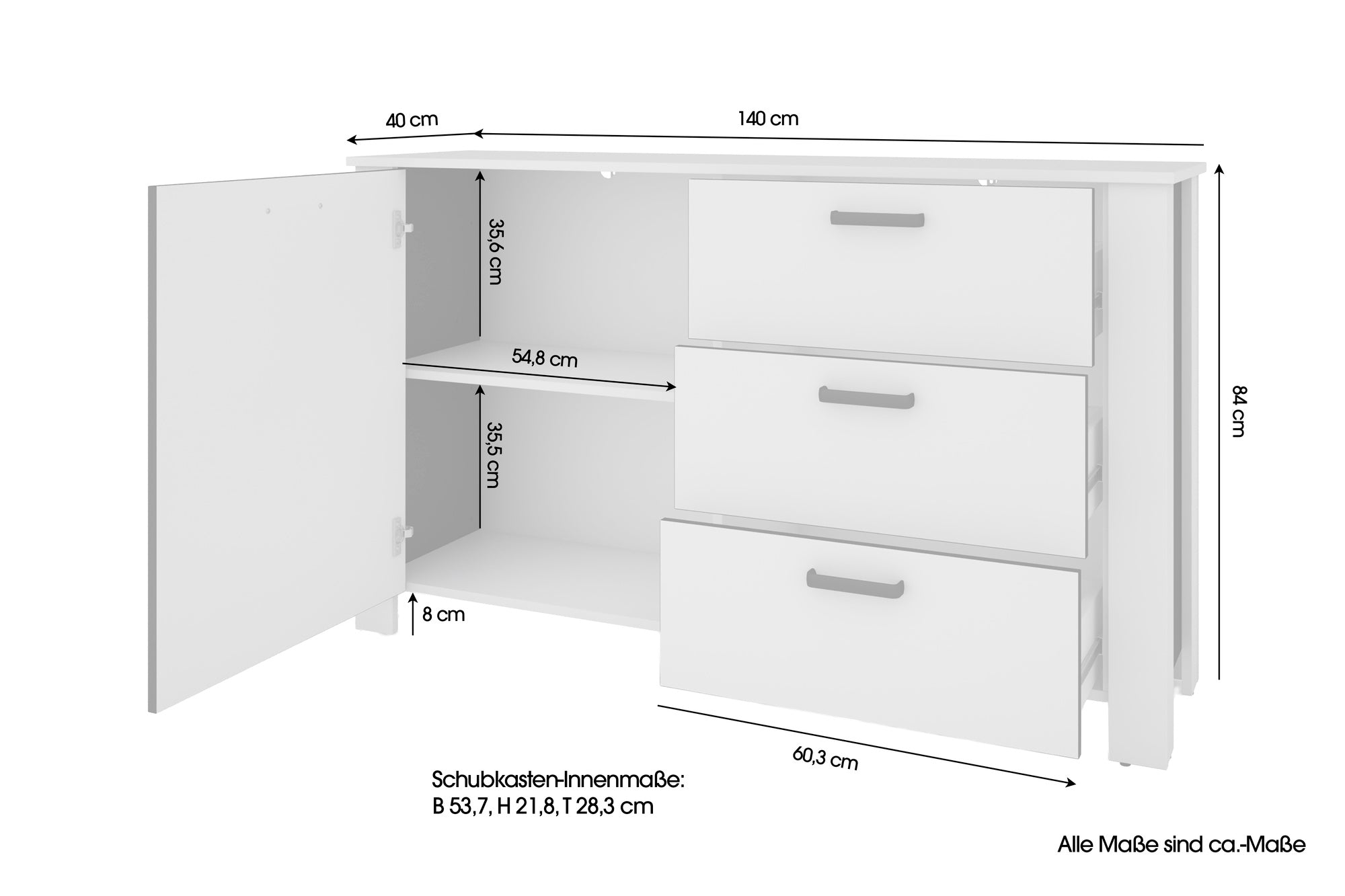 Sideboard FARO / Artisan Eiche (Eiche-Optik) oder weiß, Absetzung in schwarz / 1 Tür und 3 Schubkästen / verstellbare Einlegeböden / viel Stauraum / Kommode / Anrichte / Maße: B 140, H 84, T 40 cm