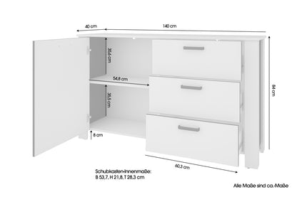byLIVING Sideboard FARO / Artisan Eiche (Eiche-Optik) oder weiß, Absetzung in schwarz / 1 Tür und 3 Schubkästen / verstellbare Einlegeböden / viel Stauraum / Kommode / Anrichte / Maße: B 140, H 84, T 40 cm