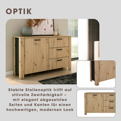 byLIVING Sideboard FARO / Artisan Eiche (Eiche-Optik) oder weiß, Absetzung in schwarz / 1 Tür und 3 Schubkästen / verstellbare Einlegeböden / viel Stauraum / Kommode / Anrichte / Maße: B 140, H 84, T 40 cm