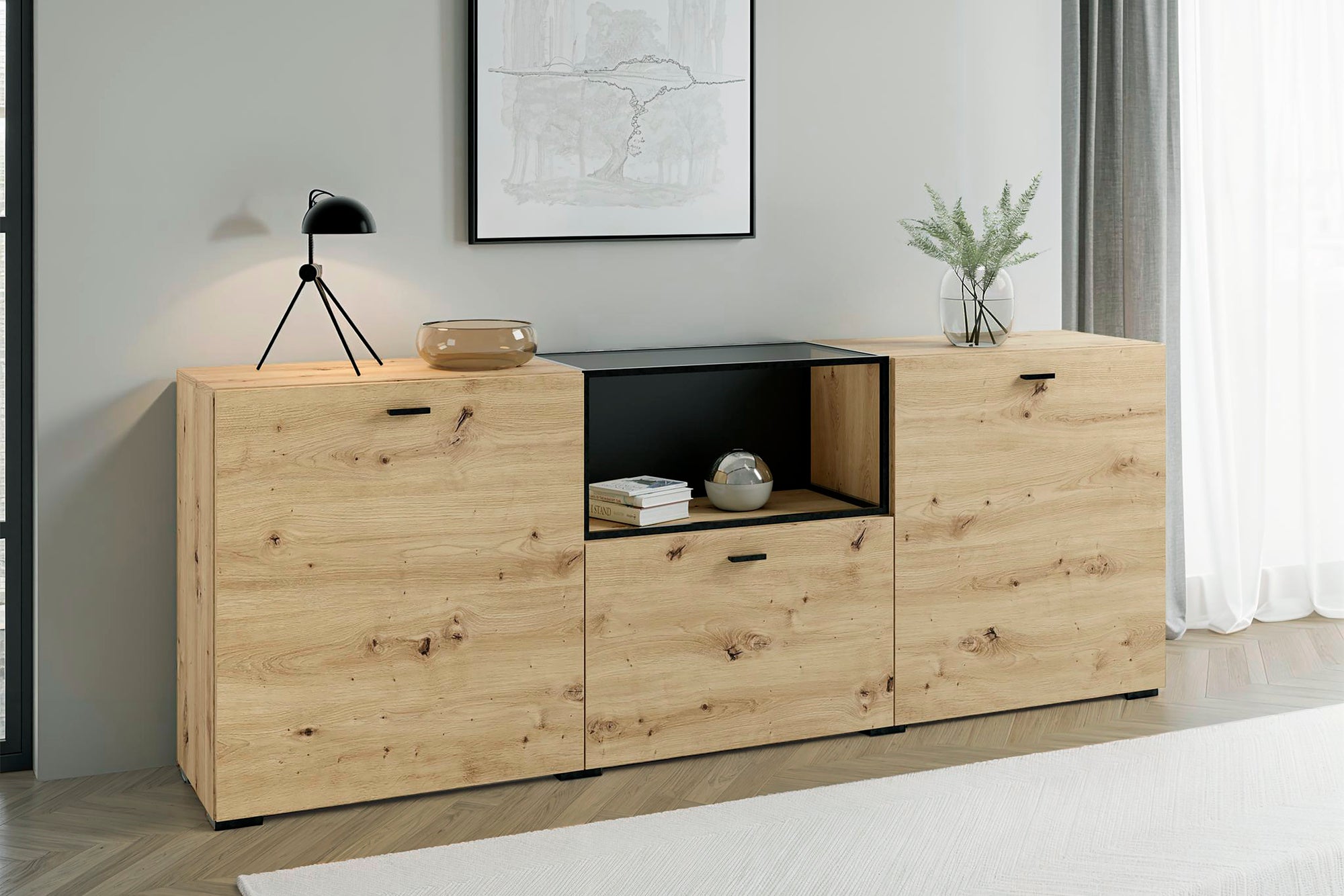 byLIVING Sideboard FRAME / Artisan Eiche (Eiche-Optik) / Fach mit Metallrahmen und Glasablage, verstellbare Böden / Anrichte / Kommode / Maße: B 200, H 75,5, T 37,5 cm