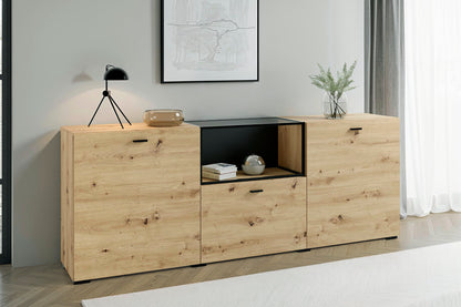 byLIVING Sideboard FRAME / Artisan Eiche (Eiche-Optik) / Fach mit Metallrahmen und Glasablage, verstellbare Böden / Anrichte / Kommode / Maße: B 200, H 75,5, T 37,5 cm