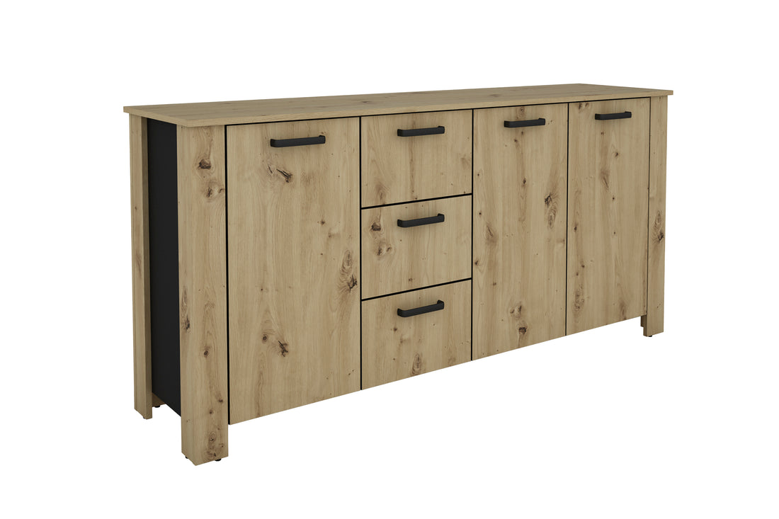 byLIVING Sideboard FARO / Artisan Eiche (Eiche-Optik) oder weiß, Absetzung in schwarz / Stollenoptik / 3 Türen und 3 Schubkästen / verstellbare Einlegeböden / viel Stauraum / Kommode / Anrichte / Maße: B 160, H 84, T 40 cm