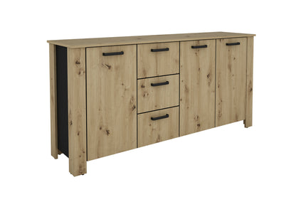 byLIVING Sideboard FARO / Artisan Eiche (Eiche-Optik) oder weiß, Absetzung in schwarz / Stollenoptik / 3 Türen und 3 Schubkästen / verstellbare Einlegeböden / viel Stauraum / Kommode / Anrichte / Maße: B 160, H 84, T 40 cm