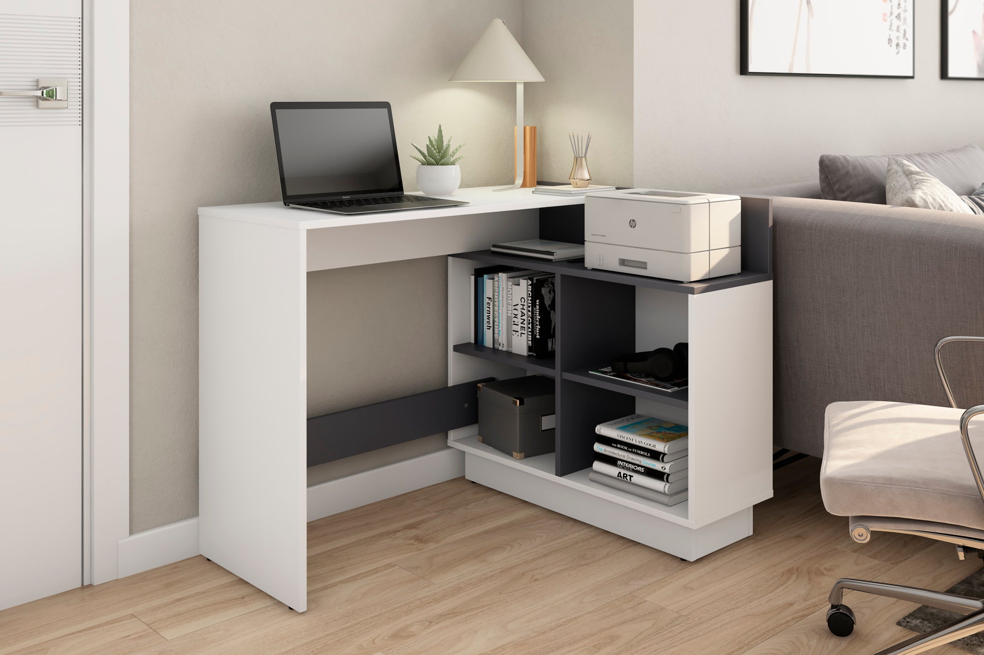 byLIVING Schreibtisch BERNI / Gaming-Tisch in weiß oder Artisan Eiche (Eiche-Optik) mit graphit / Mit viel Stauraum und großer Tischplatte / Computer-Tisch / PC / Arbeits-Tisch / rechts-links montierbar / B 112, H 77,5, T 80 cm