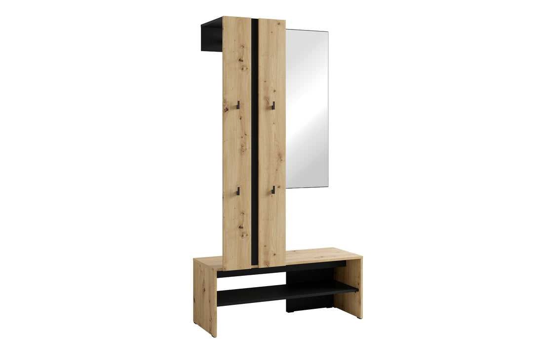byLIVING Kompaktgarderobe NANTE / Artisan Eiche (Eiche-Optik) oder weiß, Absetzung in schwarz / Spiegel, Kleiderstange, offene Fächer / Garderobenmöbel / Flurgarderobe / Maße: B 100, H 186, T 40 cm