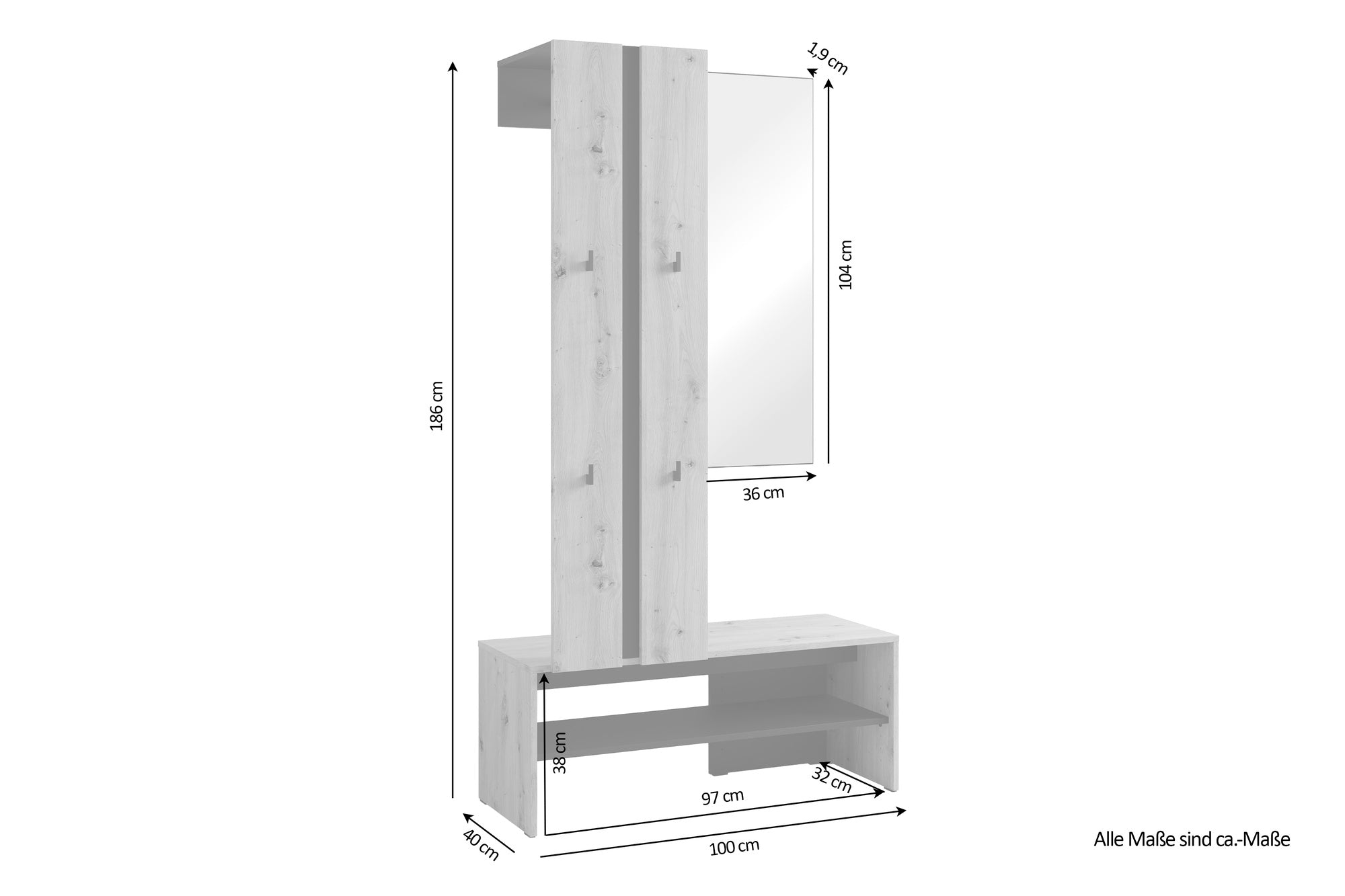 Kompaktgarderobe NANTE / Artisan Eiche (Eiche-Optik) oder weiß, Absetzung in schwarz / Spiegel, Kleiderstange, offene Fächer / Garderobenmöbel / Flurgarderobe / Maße: B 100, H 186, T 40 cm