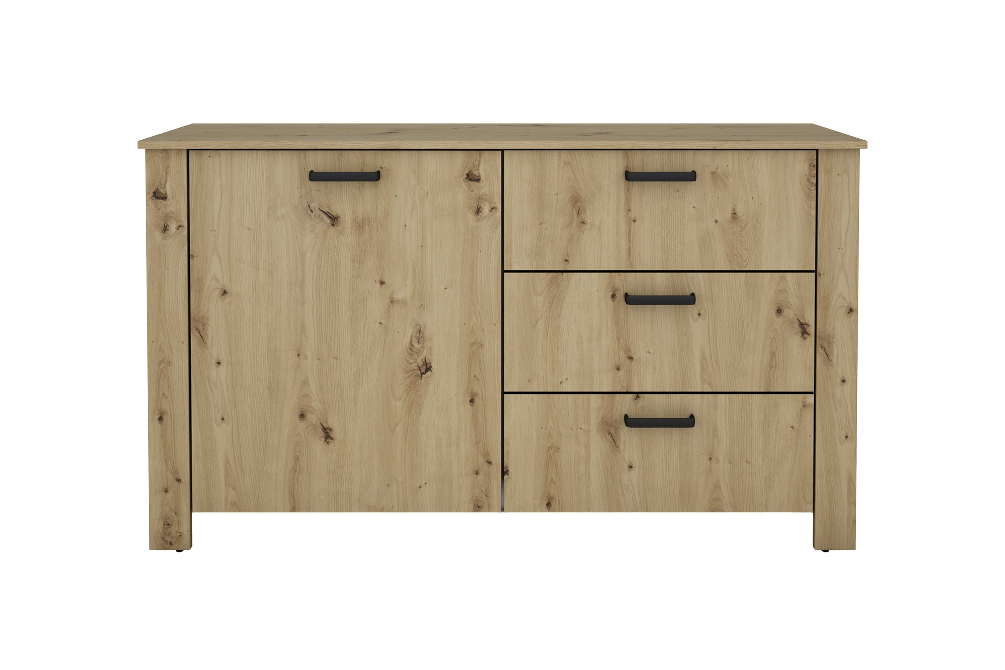 Sideboard FARO / Artisan Eiche (Eiche-Optik) oder weiß, Absetzung in schwarz / 1 Tür und 3 Schubkästen / verstellbare Einlegeböden / viel Stauraum / Kommode / Anrichte / Maße: B 140, H 84, T 40 cm