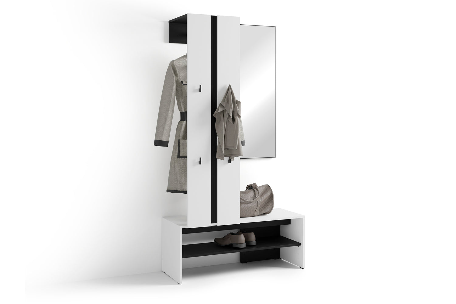 byLIVING Kompaktgarderobe NANTE / Artisan Eiche (Eiche-Optik) oder weiß, Absetzung in schwarz / Spiegel, Kleiderstange, offene Fächer / Garderobenmöbel / Flurgarderobe / Maße: B 100, H 186, T 40 cm