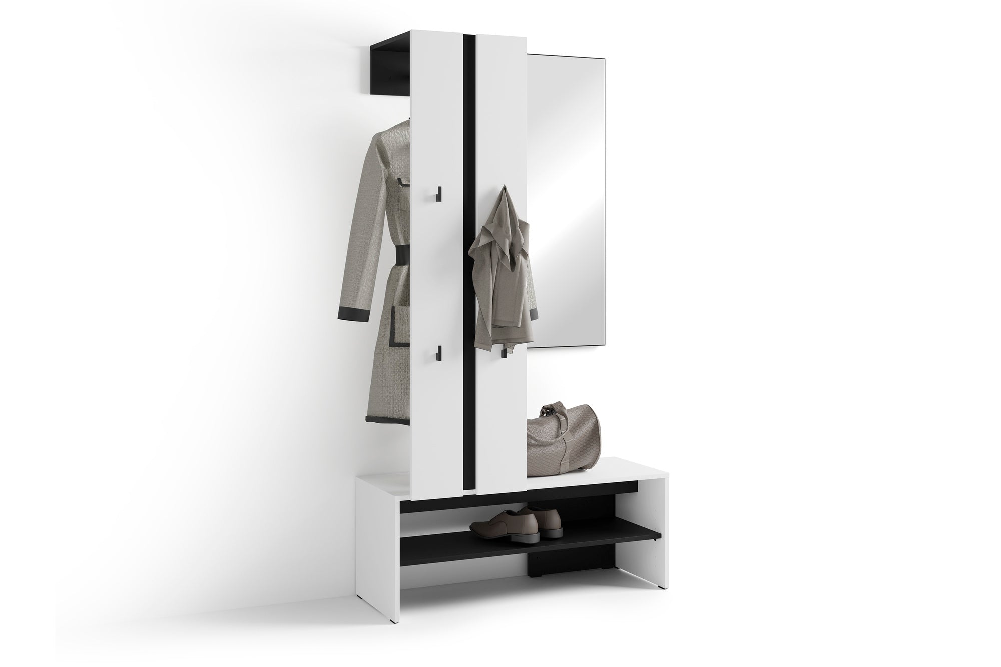 Kompaktgarderobe NANTE / Artisan Eiche (Eiche-Optik) oder weiß, Absetzung in schwarz / Spiegel, Kleiderstange, offene Fächer / Garderobenmöbel / Flurgarderobe / Maße: B 100, H 186, T 40 cm