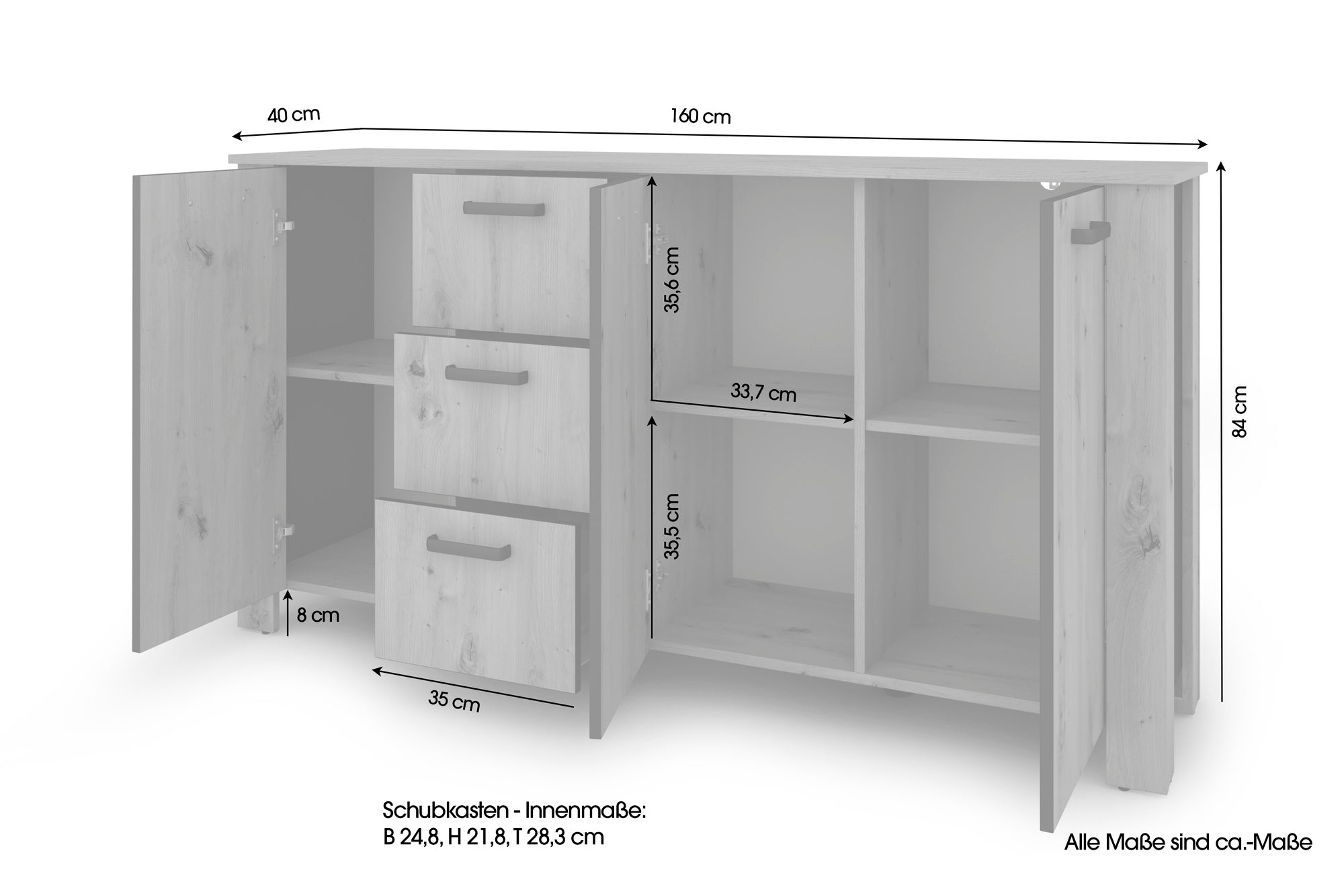 Sideboard FARO / Artisan Eiche (Eiche-Optik) oder weiß, Absetzung in schwarz / Stollenoptik / 3 Türen und 3 Schubkästen / verstellbare Einlegeböden / viel Stauraum / Kommode / Anrichte / Maße: B 160, H 84, T 40 cm