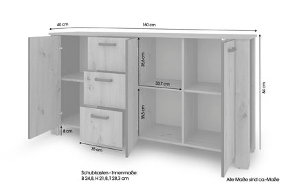 byLIVING Sideboard FARO / Artisan Eiche (Eiche-Optik) oder weiß, Absetzung in schwarz / Stollenoptik / 3 Türen und 3 Schubkästen / verstellbare Einlegeböden / viel Stauraum / Kommode / Anrichte / Maße: B 160, H 84, T 40 cm