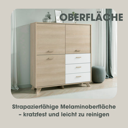 byLIVING Highboard BASTIAN / Eiche bianco, weiß / Griffe und Füße Massivholz Eiche / 3 Türen, 3 Schubladen / viel Stauraum / Kommode / Schrank / Maße: B 120, H 131, T 36,5 cm