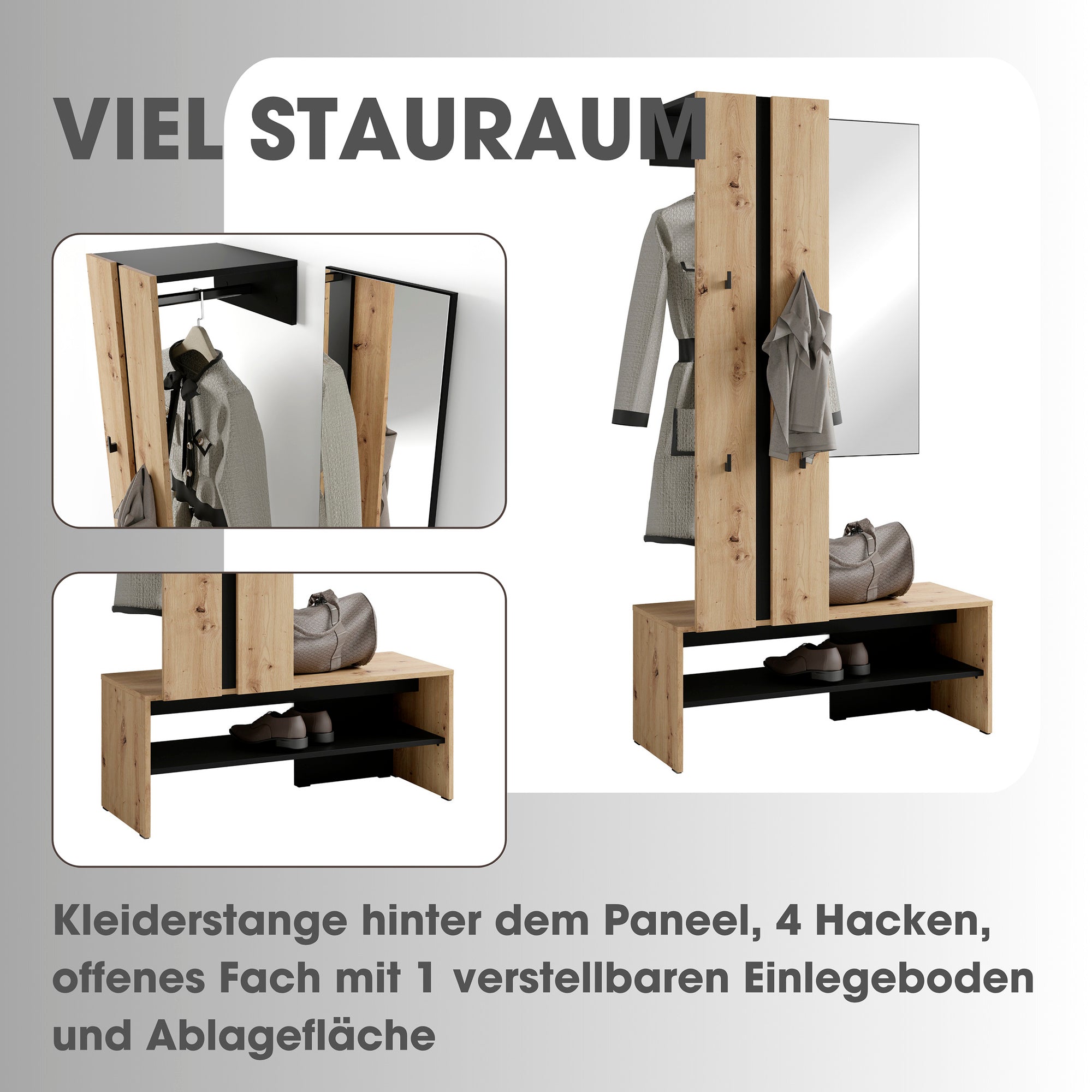 Kompaktgarderobe NANTE / Artisan Eiche (Eiche-Optik) oder weiß, Absetzung in schwarz / Spiegel, Kleiderstange, offene Fächer / Garderobenmöbel / Flurgarderobe / Maße: B 100, H 186, T 40 cm