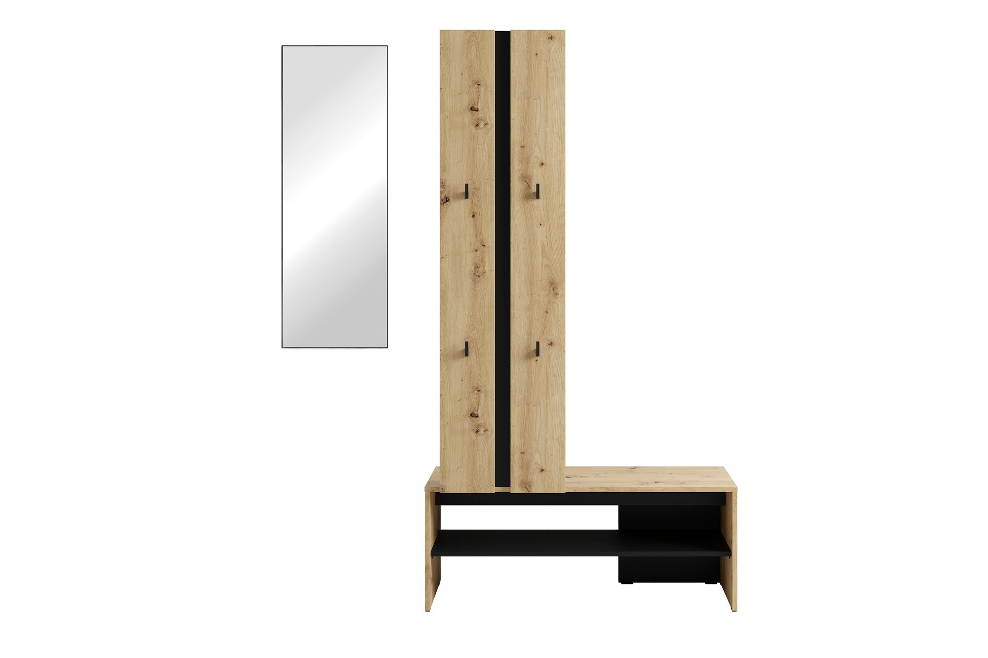 Kompaktgarderobe NANTE / Artisan Eiche (Eiche-Optik) oder weiß, Absetzung in schwarz / Spiegel, Kleiderstange, offene Fächer / Garderobenmöbel / Flurgarderobe / Maße: B 100, H 186, T 40 cm