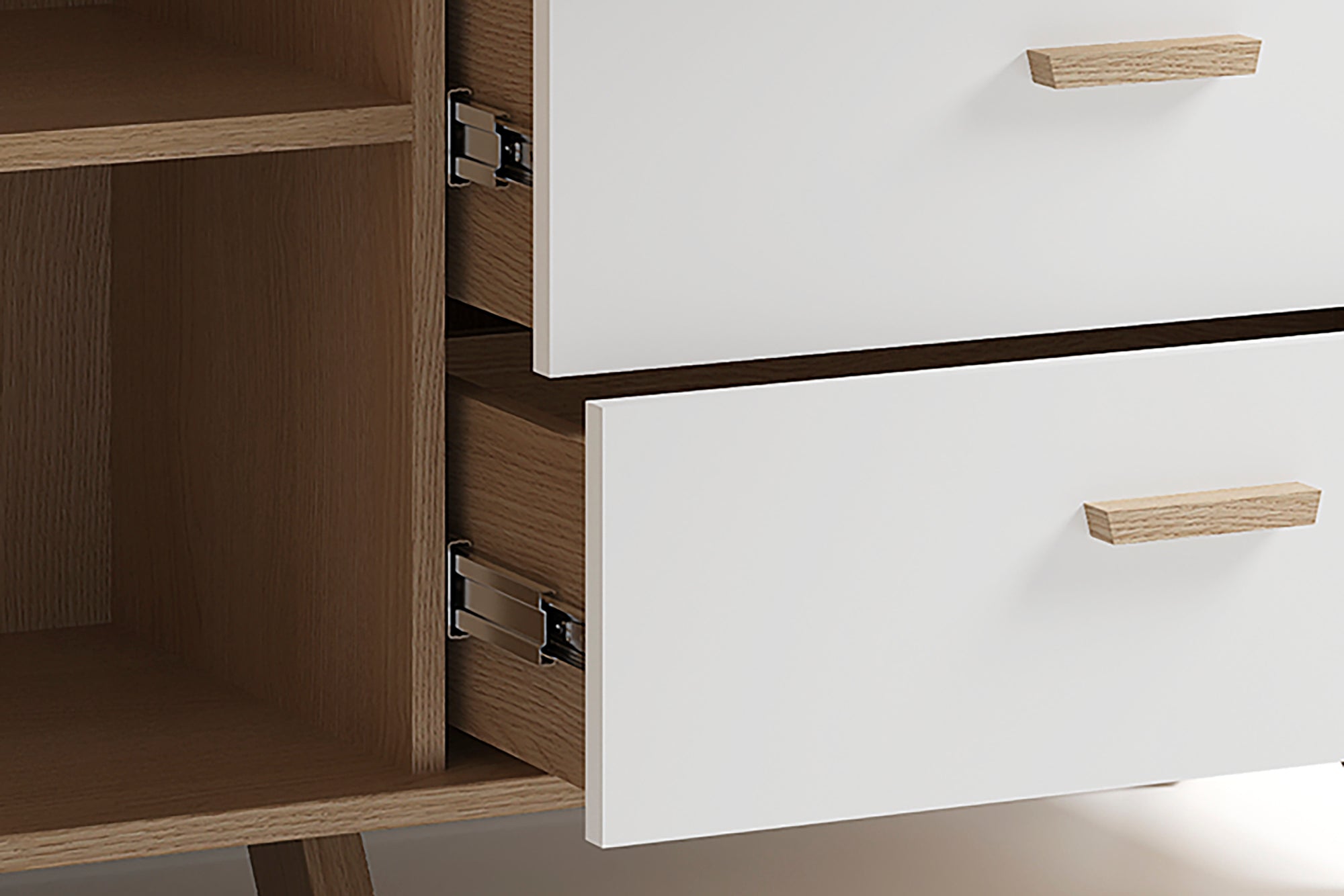 Highboard BASTIAN / Eiche bianco, weiß / Griffe und Füße Massivholz Eiche / 3 Türen, 3 Schubladen / viel Stauraum / Kommode / Schrank / Maße: B 120, H 131, T 36,5 cm