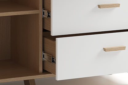 byLIVING Highboard BASTIAN / Eiche bianco, weiß / Griffe und Füße Massivholz Eiche / 3 Türen, 3 Schubladen / viel Stauraum / Kommode / Schrank / Maße: B 120, H 131, T 36,5 cm