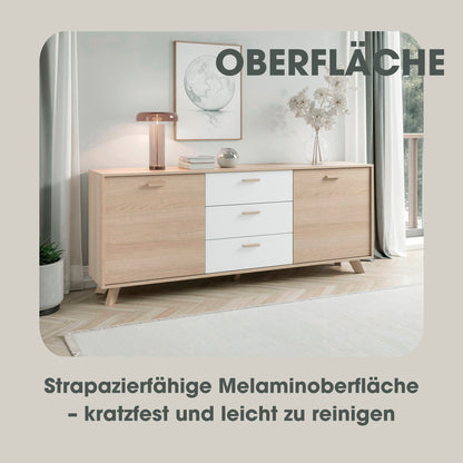byLIVING Sideboard BASTIAN / Eiche bianco, weiß / Griffe und Füße Massivholz Eiche / 3 Schubkästen und 2 Türen / viel Stauraum / Kommode / Anrichte / Maße: B 180, H 72,5, T 36,5 cm