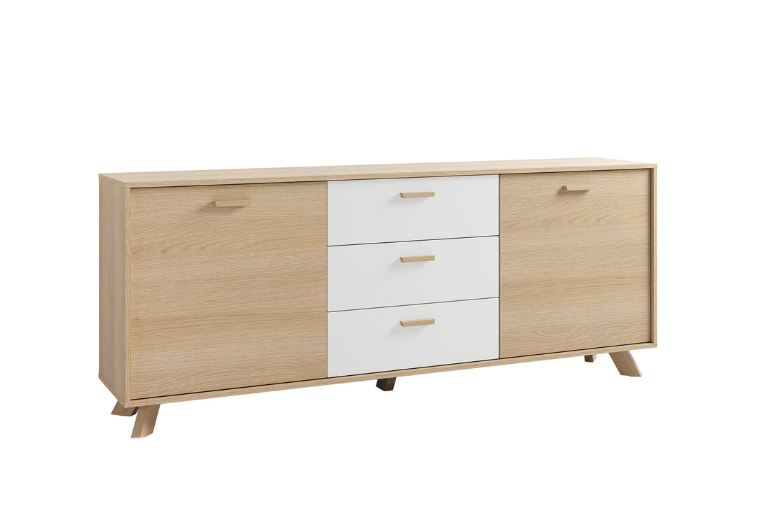 byLIVING Sideboard BASTIAN / Eiche bianco, weiß / Griffe und Füße Massivholz Eiche / 3 Schubkästen und 2 Türen / viel Stauraum / Kommode / Anrichte / Maße: B 180, H 72,5, T 36,5 cm