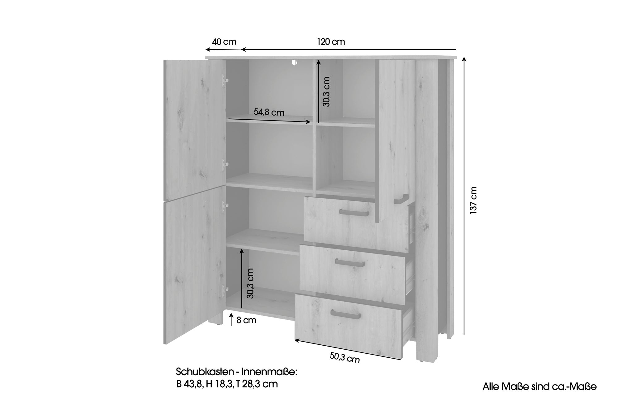 Higboard FARO / Artisan Eiche (Eiche-Optik) oder weiß, Absetzung in schwarz / Stollenoptik / 3 Türen und 3 Schubkästen / verstellbare Einlegeböden / viel Stauraum / Sideboard / Kommode / Maße: B 160, H 84, T 40 cm