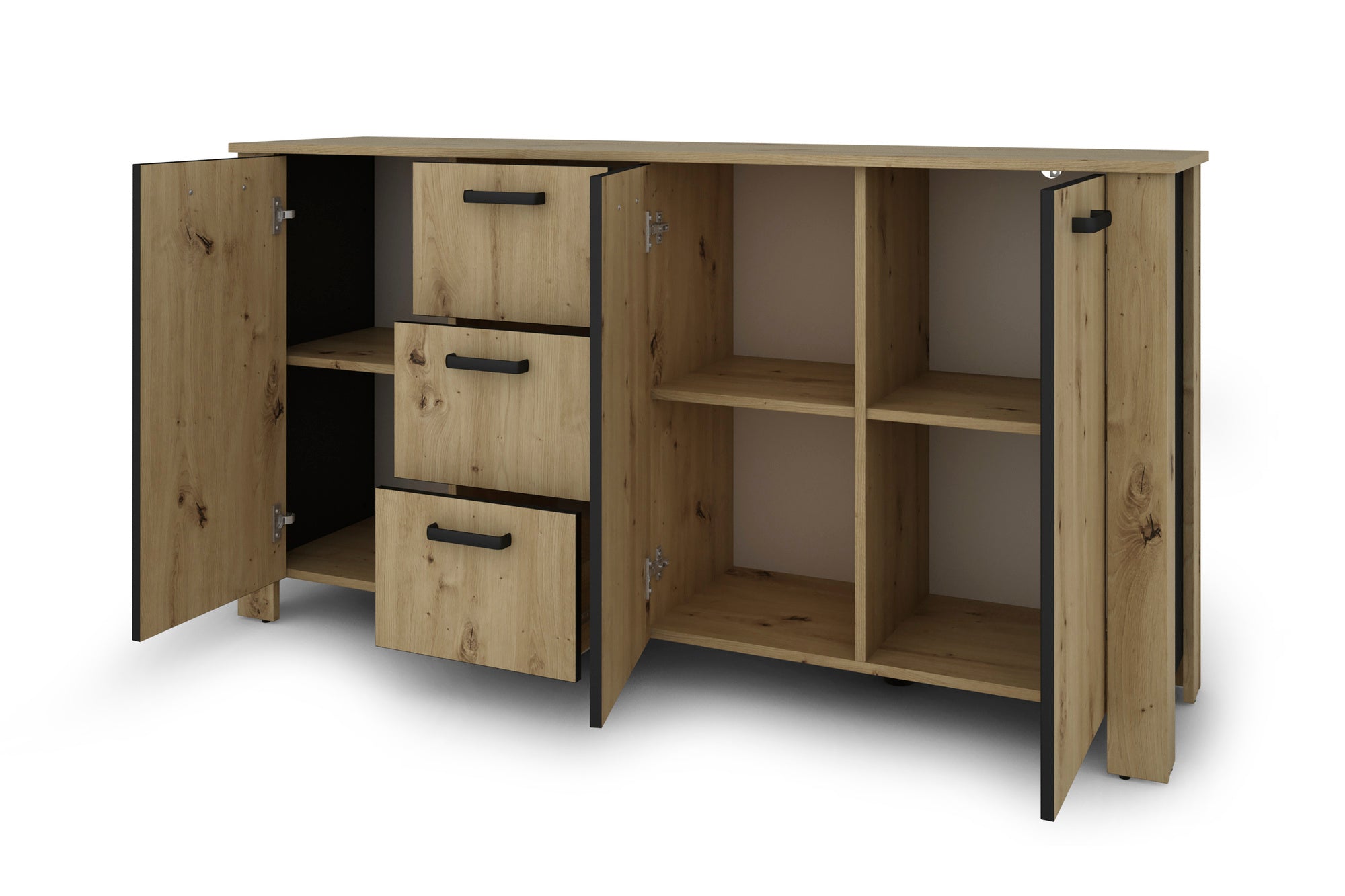 Sideboard FARO / Artisan Eiche (Eiche-Optik) oder weiß, Absetzung in schwarz / Stollenoptik / 3 Türen und 3 Schubkästen / verstellbare Einlegeböden / viel Stauraum / Kommode / Anrichte / Maße: B 160, H 84, T 40 cm