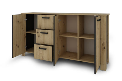 byLIVING Sideboard FARO / Artisan Eiche (Eiche-Optik) oder weiß, Absetzung in schwarz / Stollenoptik / 3 Türen und 3 Schubkästen / verstellbare Einlegeböden / viel Stauraum / Kommode / Anrichte / Maße: B 160, H 84, T 40 cm