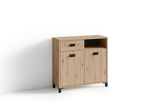 Badezimmer Kommode WELLNESS in Artisan Eiche, Griffe aus Metall in schwarz / Badschrank mit einer Schublade und zwei Türen / B 80,5, H 77,5, T 31 cm