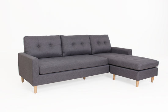 Ecksofa ATLANTA / Webstoff dunkelgrau / Beine natur aus Massivholz / Longchair wahlweise rechts oder links montierbar / 218 x 144, H 78,5 cm