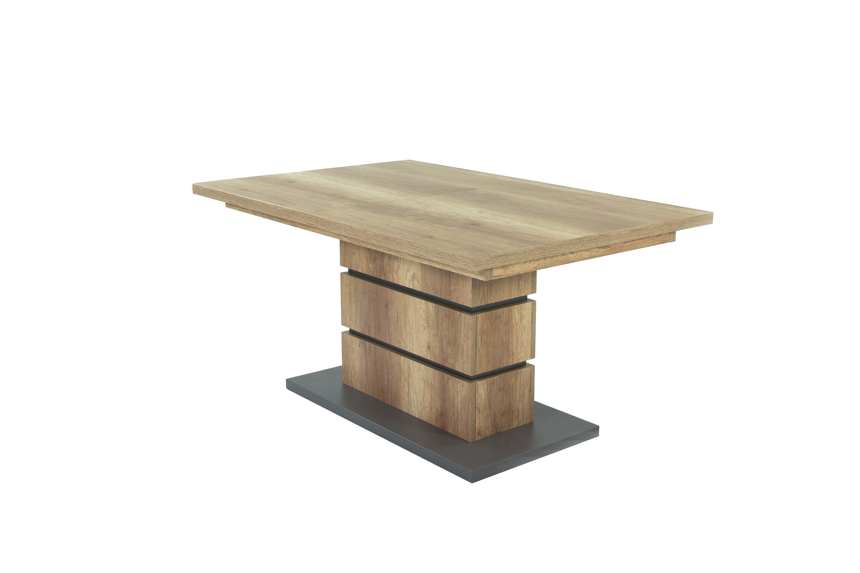 Auszugs-Tisch BEA / Esstisch ausziehbar in Eiche-Optik hell-braun / Esszimmer-Tisch mit Applikationen und Bodenplatte anthrazit / Küchen-Tisch mit Standfuß / 140-190 x 86, H 75 cm