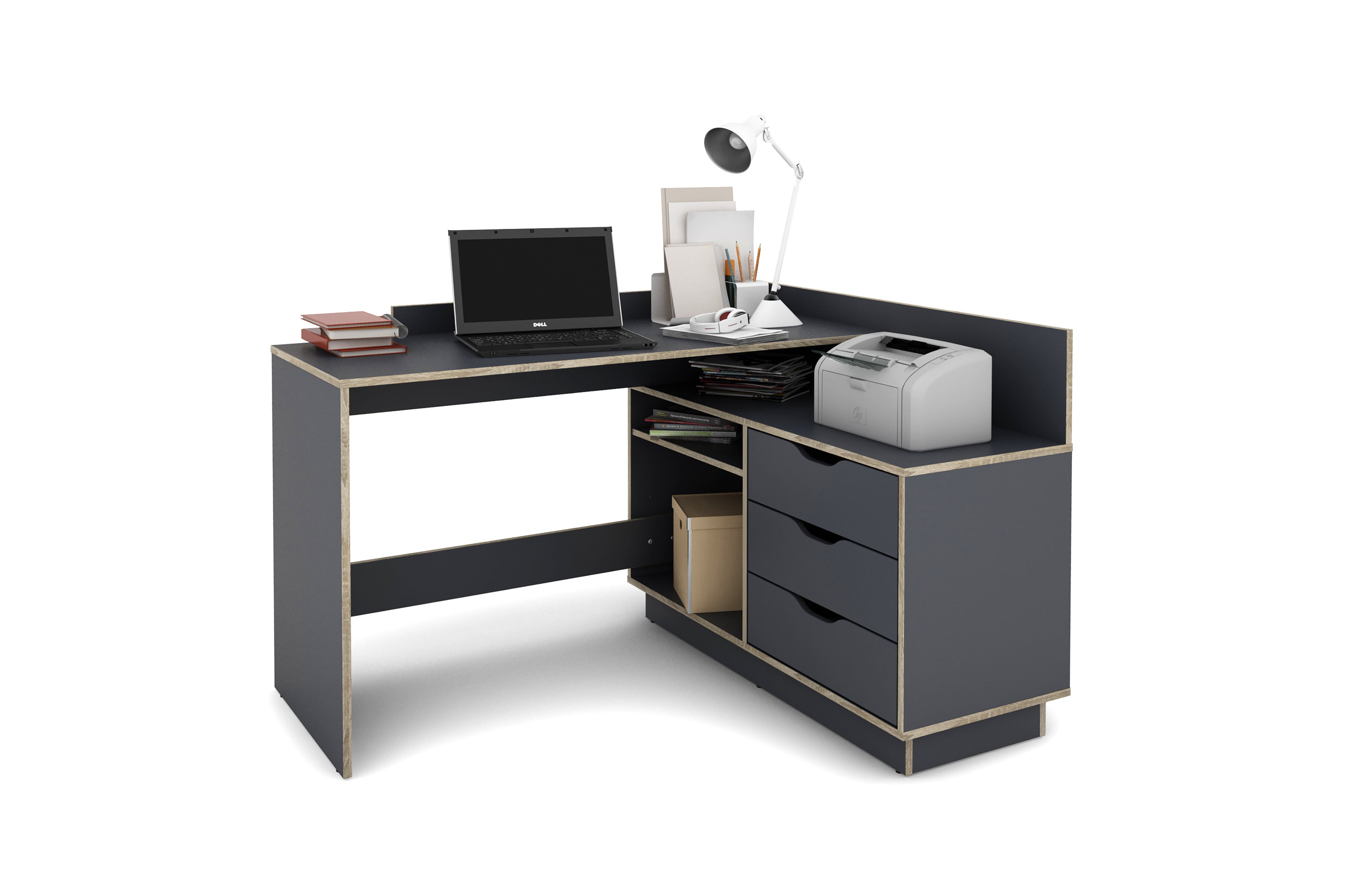 Winkelschreibtisch BELFAST / Rechts oder Links montierbar / 3 Schubkästen / Anthrazit, Weiß-Anthrazit, Artisan Eiche (Eiche-Optik) oder Old Wood (Altholz-Optik) /Bürotisch / Eckschreibtisch / Schreibtisch / B 129, H 83,5, T 105 cm