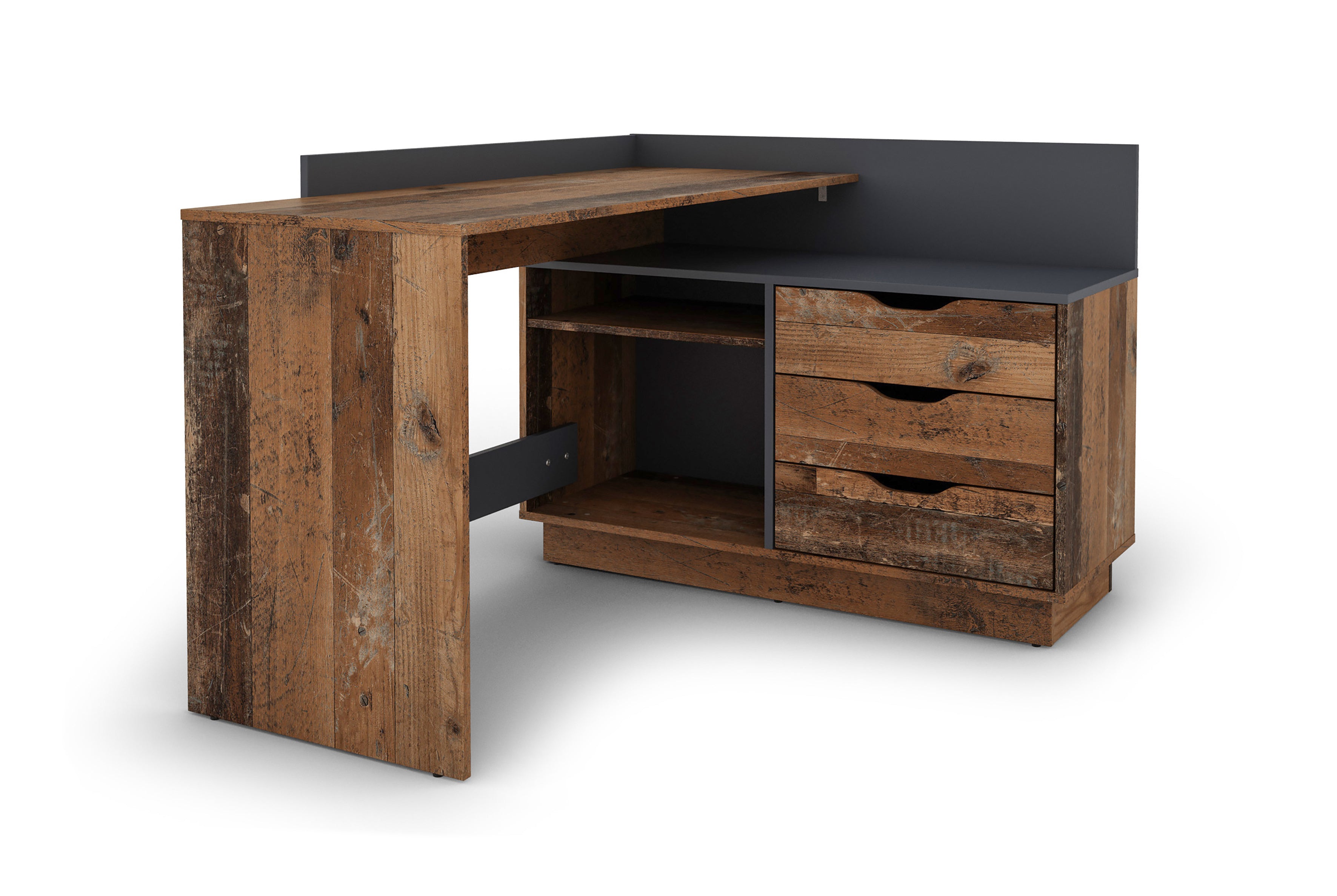 Winkelschreibtisch BELFAST / Rechts oder Links montierbar / 3 Schubkästen / Anthrazit, Weiß-Anthrazit, Artisan Eiche (Eiche-Optik) oder Old Wood (Altholz-Optik) /Bürotisch / Eckschreibtisch / Schreibtisch / B 129, H 83,5, T 105 cm