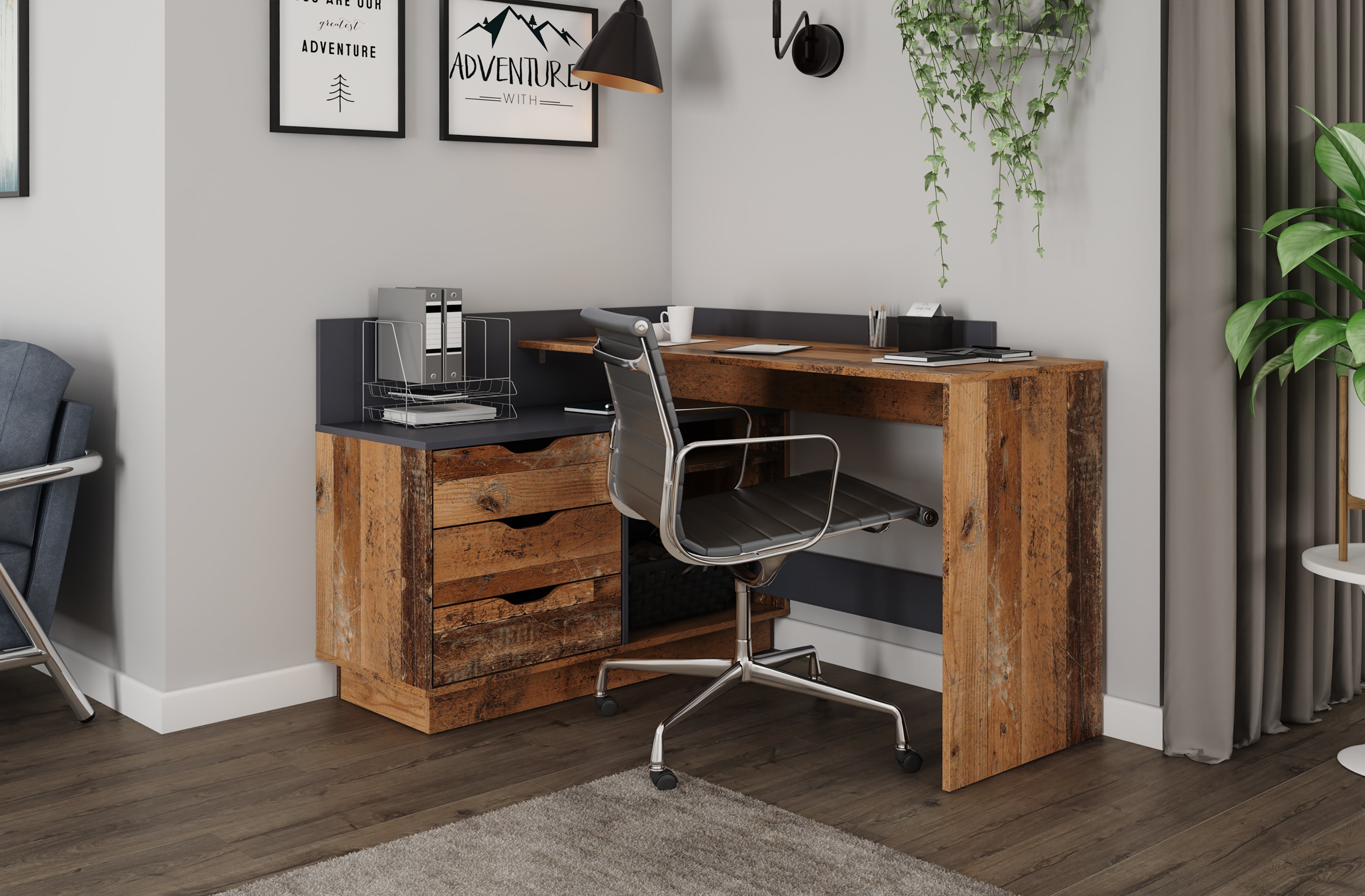 Winkelschreibtisch BELFAST / Rechts oder Links montierbar / 3 Schubkästen / Anthrazit, Weiß-Anthrazit, Artisan Eiche (Eiche-Optik) oder Old Wood (Altholz-Optik) /Bürotisch / Eckschreibtisch / Schreibtisch / B 129, H 83,5, T 105 cm