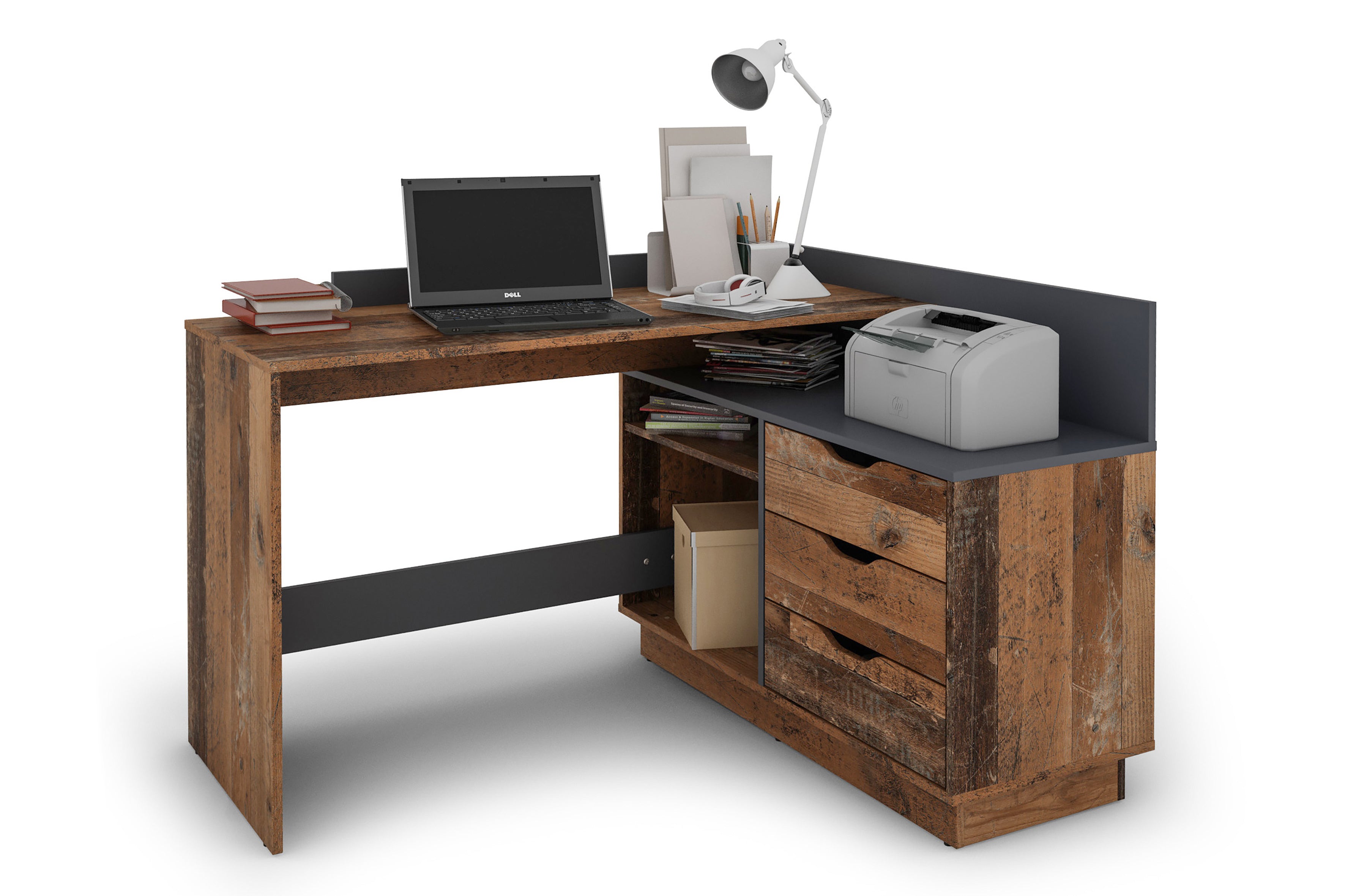 Winkelschreibtisch BELFAST / Rechts oder Links montierbar / 3 Schubkästen / Anthrazit, Weiß-Anthrazit, Artisan Eiche (Eiche-Optik) oder Old Wood (Altholz-Optik) /Bürotisch / Eckschreibtisch / Schreibtisch / B 129, H 83,5, T 105 cm