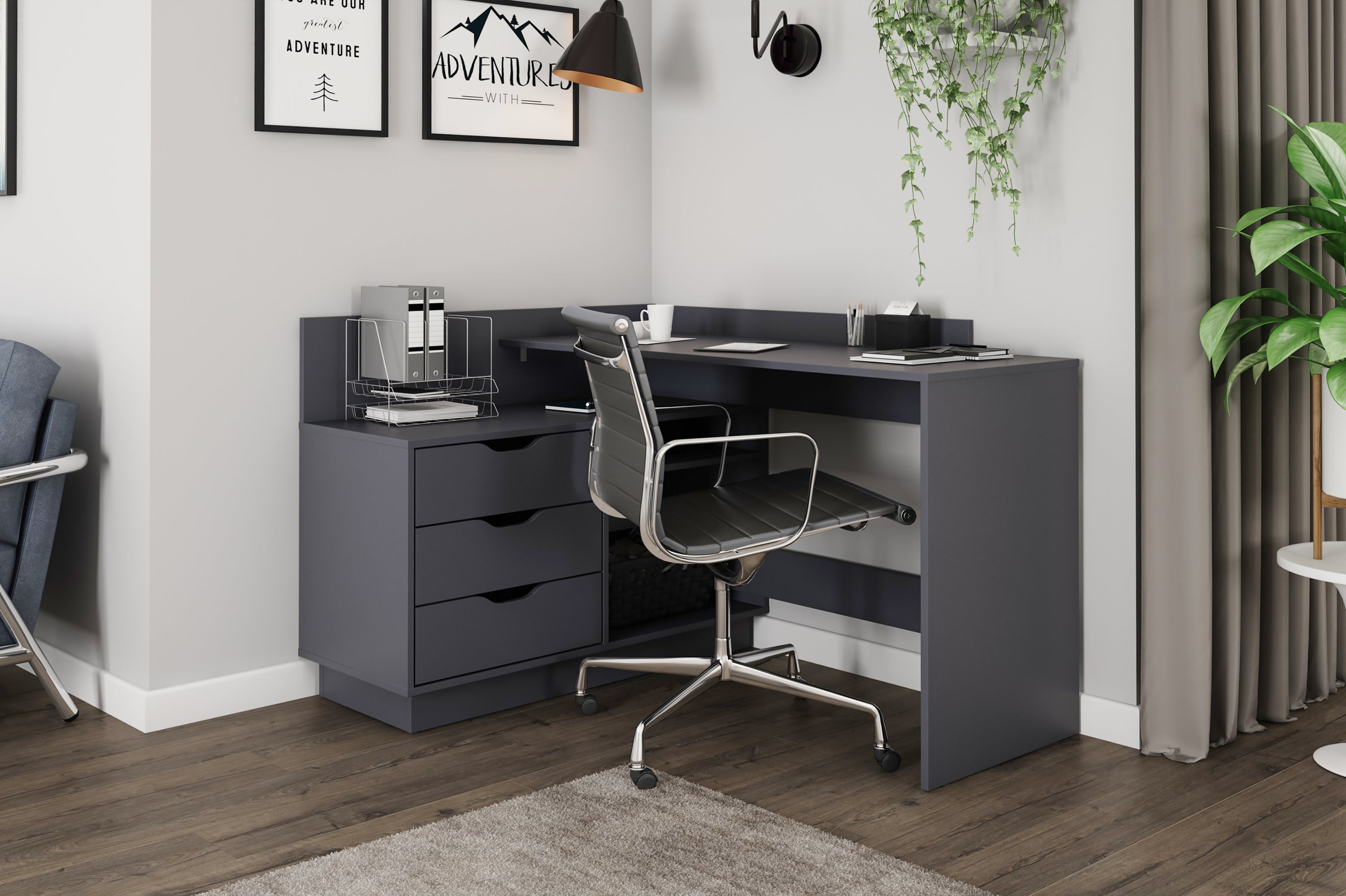 Winkelschreibtisch BELFAST / Rechts oder Links montierbar / 3 Schubkästen / Anthrazit, Weiß-Anthrazit, Artisan Eiche (Eiche-Optik) oder Old Wood (Altholz-Optik) /Bürotisch / Eckschreibtisch / Schreibtisch / B 129, H 83,5, T 105 cm