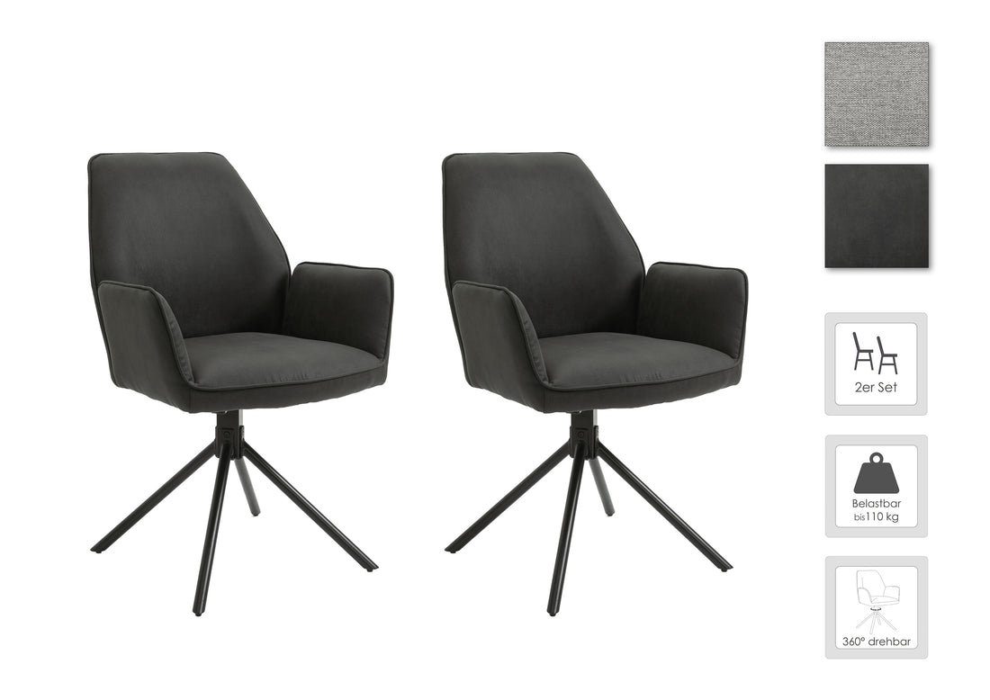 Esszimmerstuhl 2er Set Blair / Microfaser in schwarz, Samt in anthrazit oder Webstoff in hellgrau / Gestell Metall schwarz / Sitzschale 360° drehbar / Esszimmerstuhl / Wohnzimmerstuhl / B 57, H 89, T 61 cm
