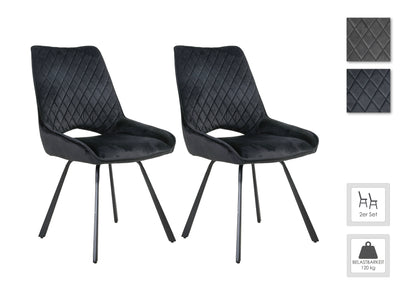 Esszimmerstuhl 2er-Set BONNY / Samt grau oder schwarz / Steppung im Rücken / Gestell Metall schwarz / Esszimmerstuhl / Küchenstuhl / B 52, H 93, T 64,5 cm