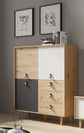 Highboard BILL / Wohnzimmerschrank Artisan Eiche Optik hellbraun / Schrank mit 3 Tür und 3 Schubkästen / Sideboard mit Fronten in weiß und grau / Schlaufen-Griffe / B 120, H 135, T 36,5 cm