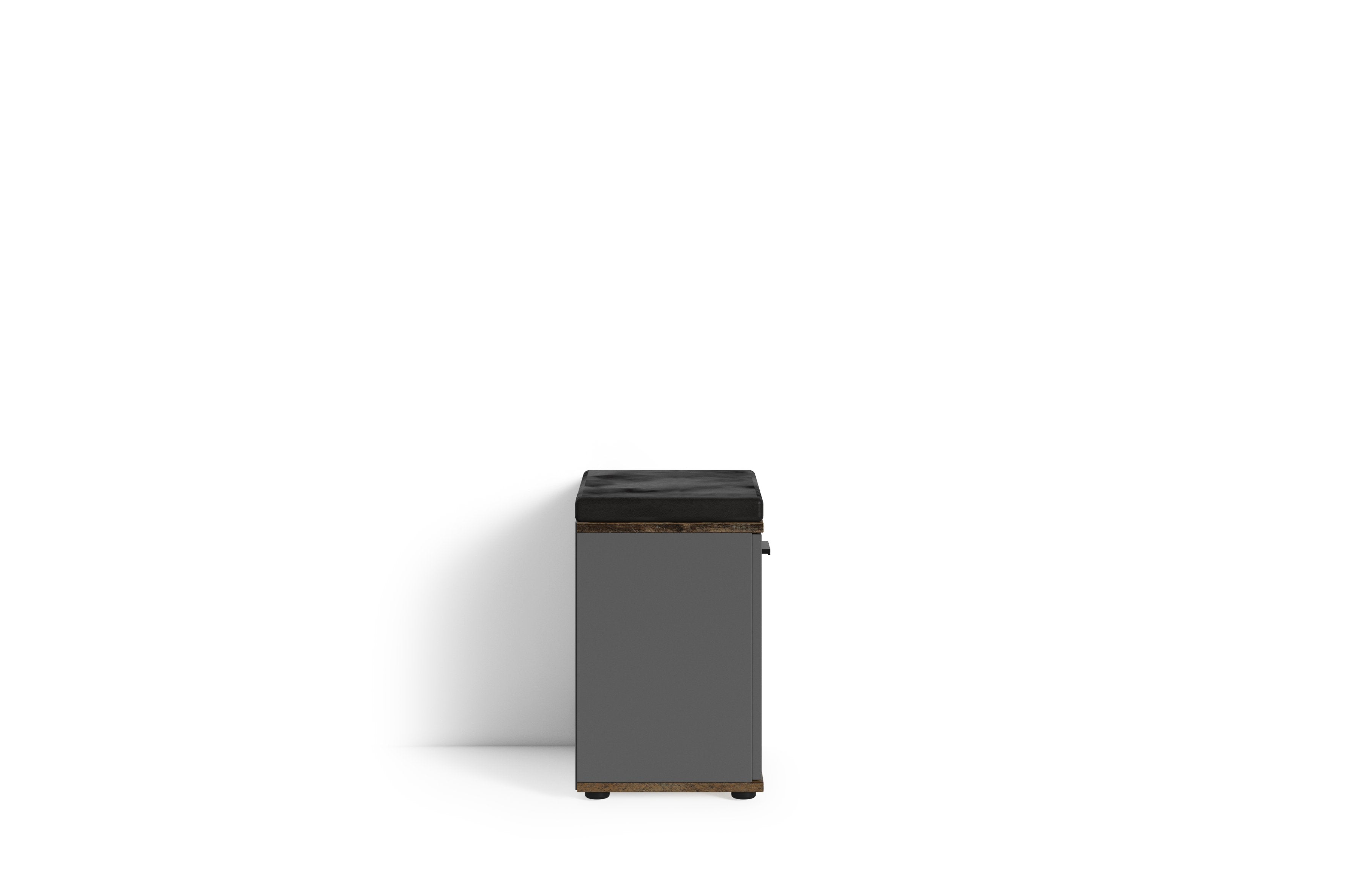Sitzbank JAKOB / Hocker in Artisan Eiche (Eiche-Optik), schwarz oder Old Wood (Altholz-Optik) mit schwarzem Kunstleder Sitzkissen / Schuhschrank mit Tür / zwei Fächer / Garderoben-Kommode / Schuh-Bank / B 48,5 H 49, T 30 cm