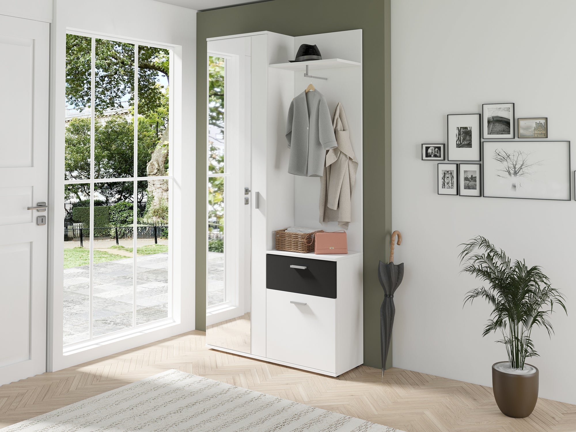 Kompakt-Garderobe JAKOB / in Old Wood (Altholz-Optik), Artisan Eiche (Eiche-Optik) oder weiß / Garderobe mit großer Spiegeltür / Fest montiertes Set / Kommode / Schuh-Schrank / B 97, H 195, T 30 cm