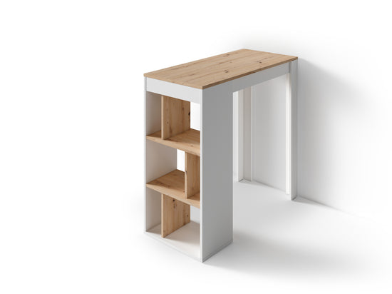Bartisch MOBY / Moderner Küchentisch in Weiß / Tischplatte und Regale in Eichen-Holz-Optik Hell-Braun / Hoher Esstisch / Skandinavisches Design / B 110, H 104, T 50 cm