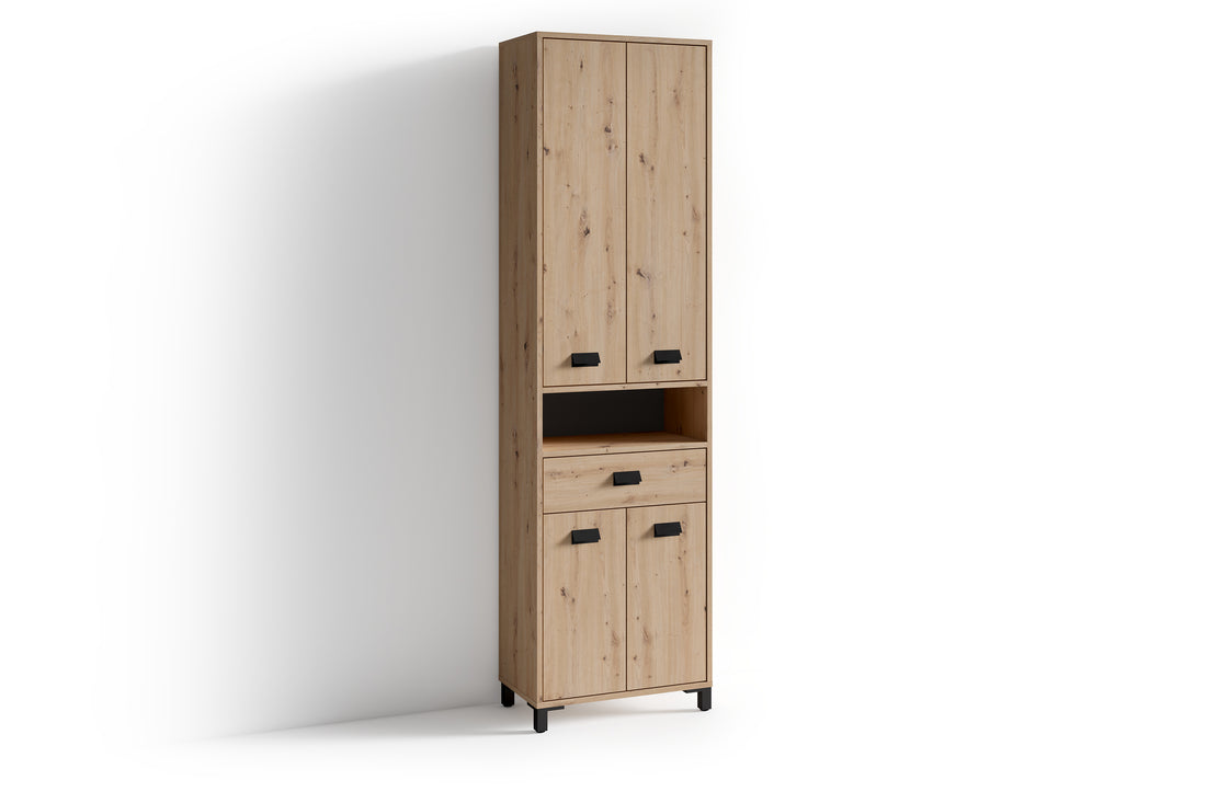 Badezimmer-Hochschrank WELLNESS in Artisan Eiche, Griffe aus Metall in schwarz / Badezimmerschrank 4 Türen mit offenen Elementen &amp; viel Stauraum / B 54, H 193, T 31 cm