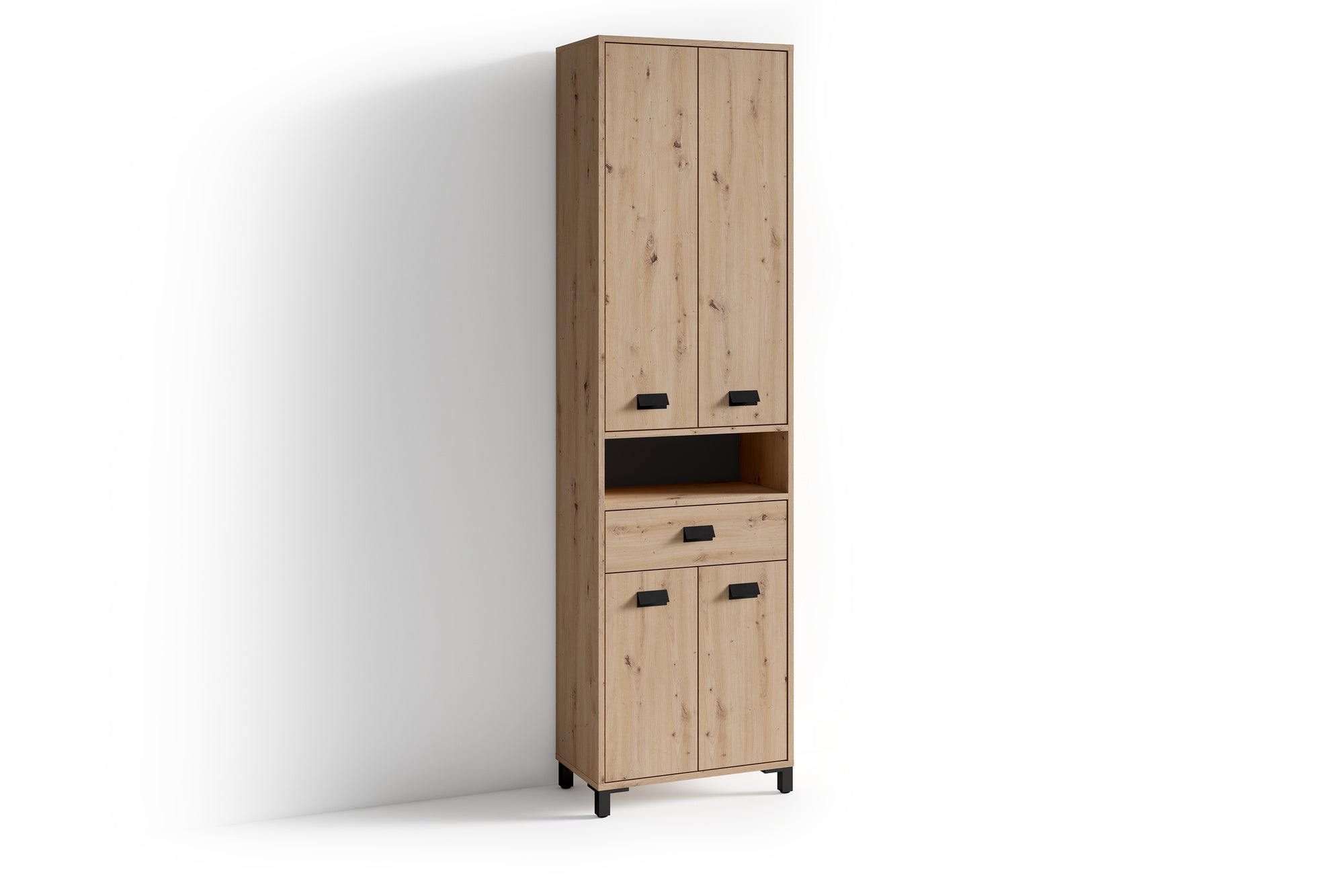 Badezimmer-Hochschrank WELLNESS in Artisan Eiche, Griffe aus Metall in schwarz / Badezimmerschrank 4 Türen mit offenen Elementen &amp; viel Stauraum / B 54, H 193, T 31 cm