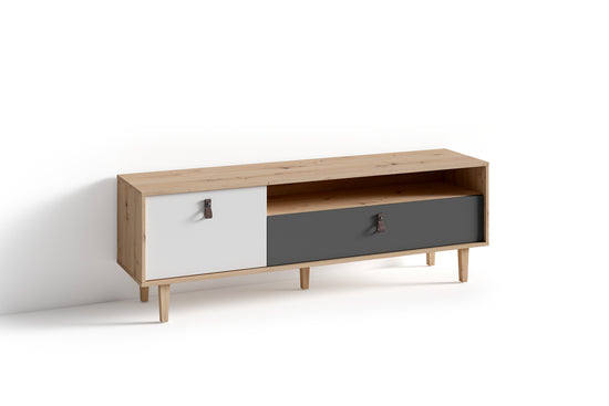TV-Board BILL / Lowboard Artisan Eiche Optik hellbraun / Fernsehtisch mit 1 Klappe und 1 Tür / Fernsehschrank mit Soundbar-Fach / Schlaufen-Griffe / B 150, H 50, T 36,5 cm