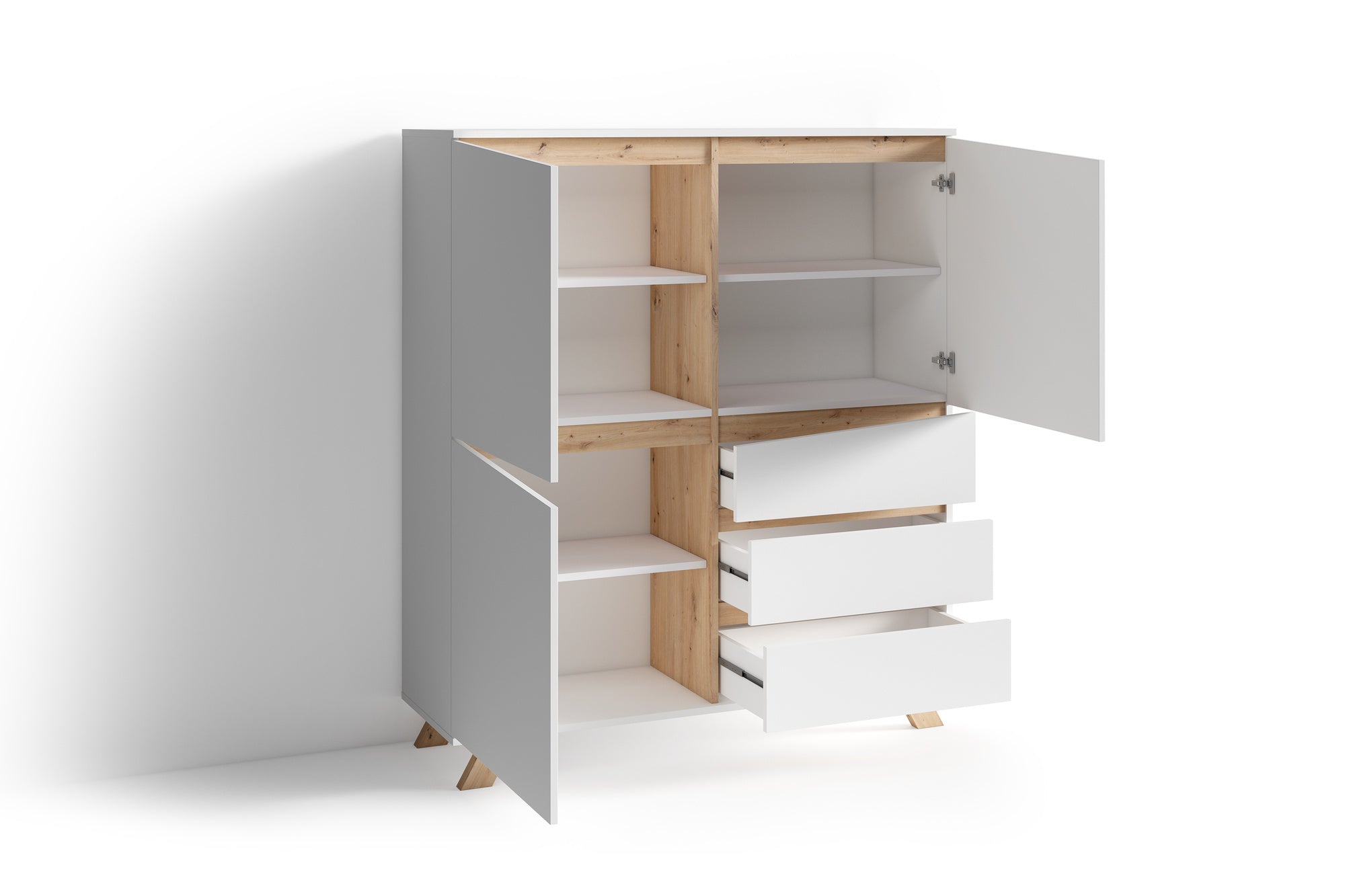 Highboard VALENTIN / Sideboard matt weiß oder anthrazit mit Absetzung in Eiche-Optik / Wohnzimmer-Schrank mit 3 Türen und 3 Schubkästen / Im Scandi-Style / Grifflos / B 120, H 137, T 38 cm
