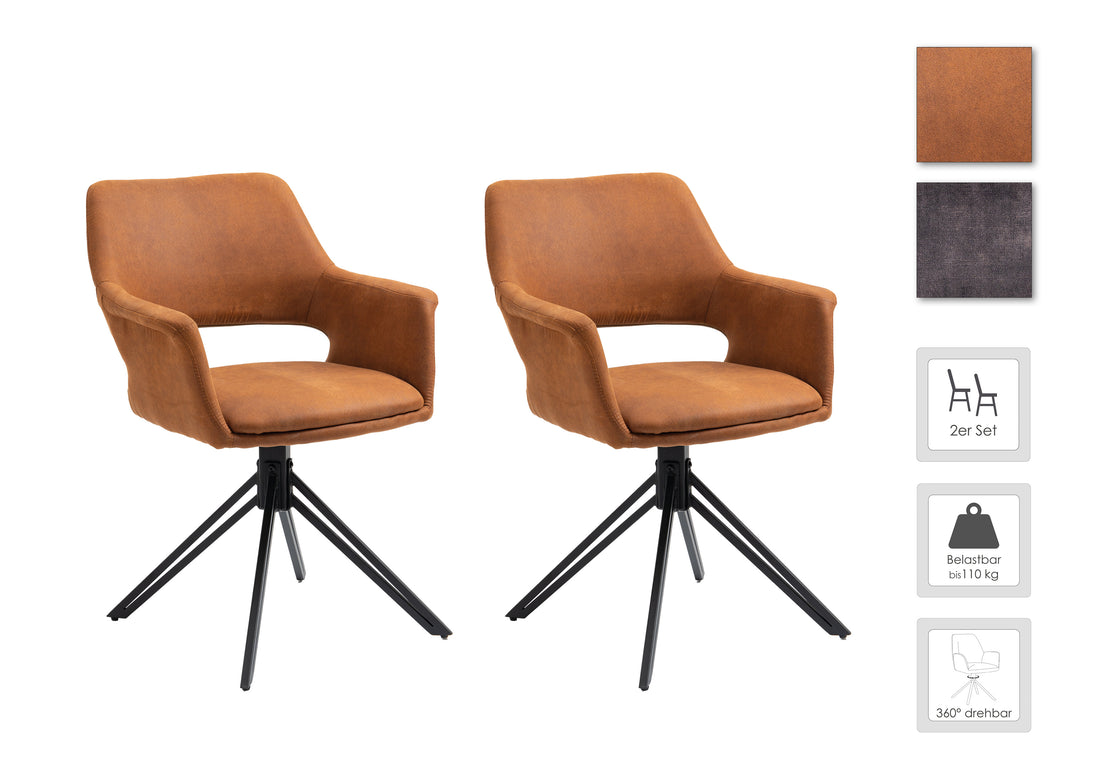 Esszimmerstuhl 2er Set Estelle / Vintage-Stoff braun oder Vintage-Samt anthrazit / Gestell Metall schwarz / Sitzschale 360° drehbar / Esszimmerstuhl / Wohnzimmerstuhl / B 57, H 84, T 61, cm