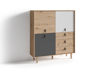 Highboard BILL / Wohnzimmerschrank Artisan Eiche Optik hellbraun / Schrank mit 3 Tür und 3 Schubkästen / Sideboard mit Fronten in weiß und grau / Schlaufen-Griffe / B 120, H 135, T 36,5 cm