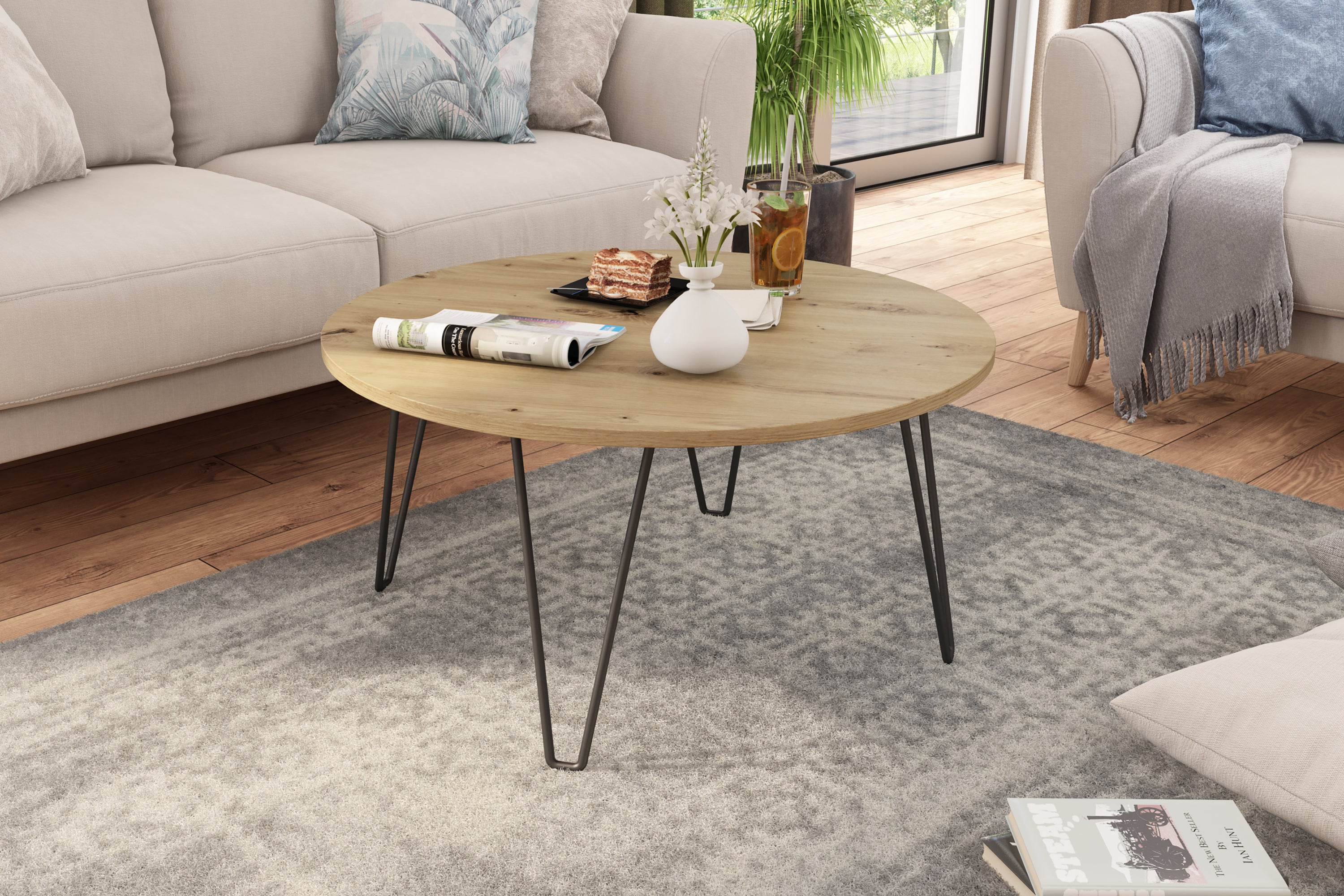 Couchtisch FLAIR / Melamin Artisan Eiche (Eiche-Optik) oder Old Wood (Altholz-Optik), Metall schwarz / D 80, H 40 cm
