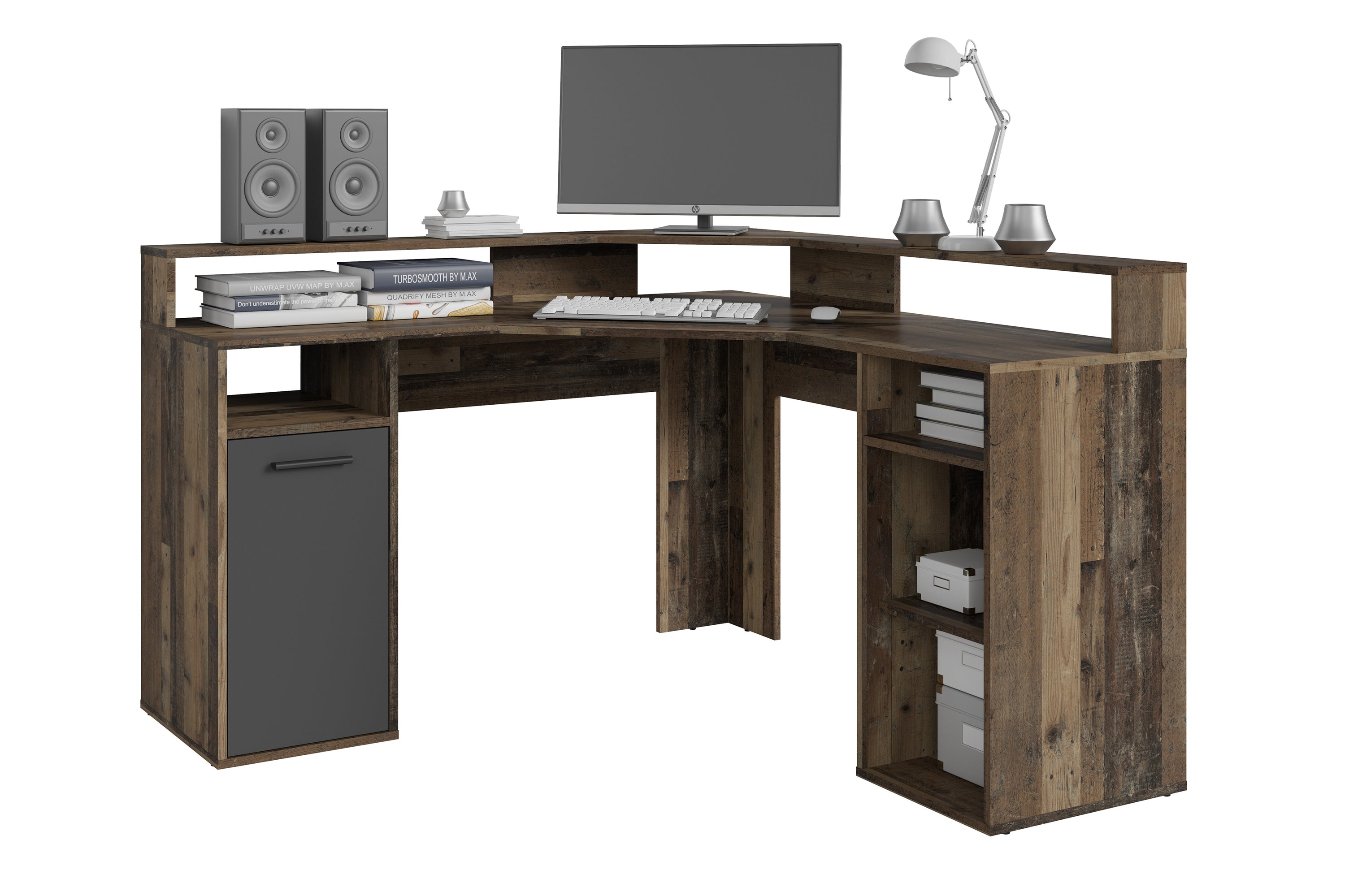 Schreibtisch FOX / Gaming-Tisch in anthrazit, weiß, Old Wood (Altholz-Optik) oder Artisan Eiche (Eiche-Optik) / Mit viel Stauraum und großer Tischplatte / Computer-Tisch / PC / Arbeits-Tisch / B 139, H 90,8, T 139 cm