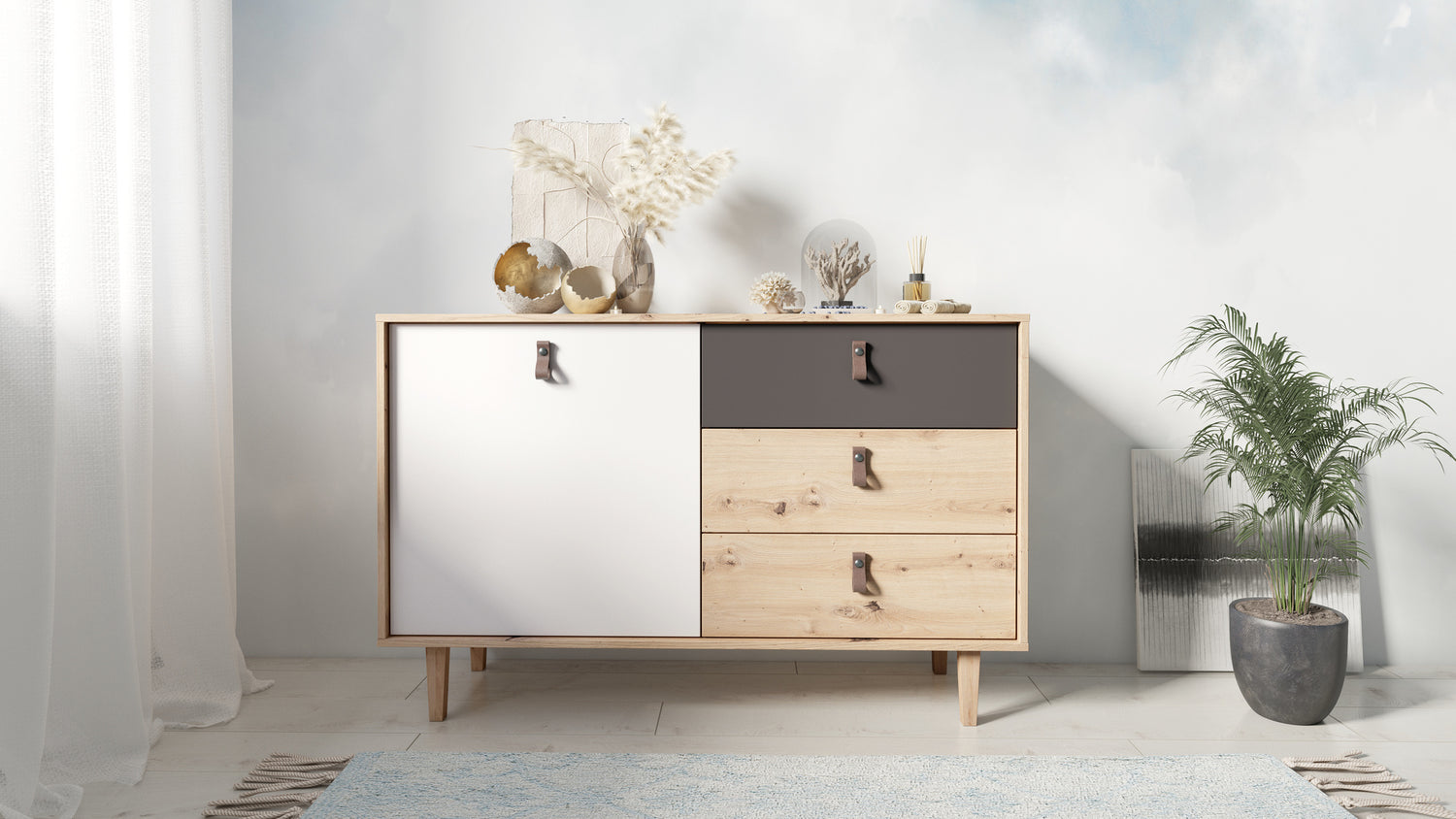 BILL Sideboard, Breite 120 cm in Eiche-Optik, Fronten in weiß/anthrazi –  byLIVING