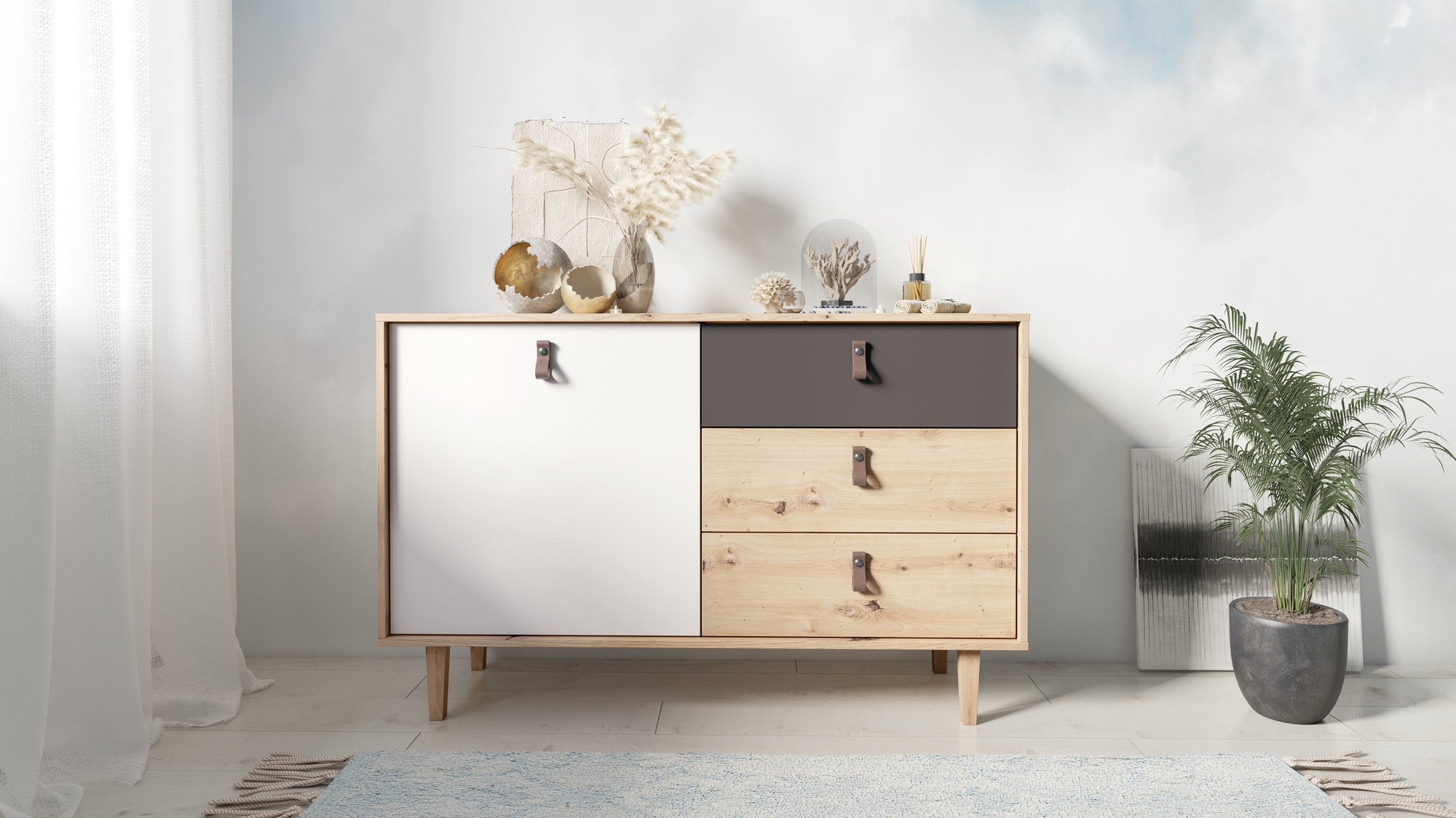 Sideboard BILL / Kommode Artisan Eiche Optik hellbraun / Schrank mit 1 Tür und 3 Schubkästen / Fronten in weiß und grau / Schlaufen-Griffe / B 120, H 77, T 36,5 cm