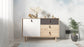Sideboard BILL / Kommode Artisan Eiche Optik hellbraun / Schrank mit 1 Tür und 3 Schubkästen / Fronten in weiß und grau / Schlaufen-Griffe / B 120, H 77, T 36,5 cm